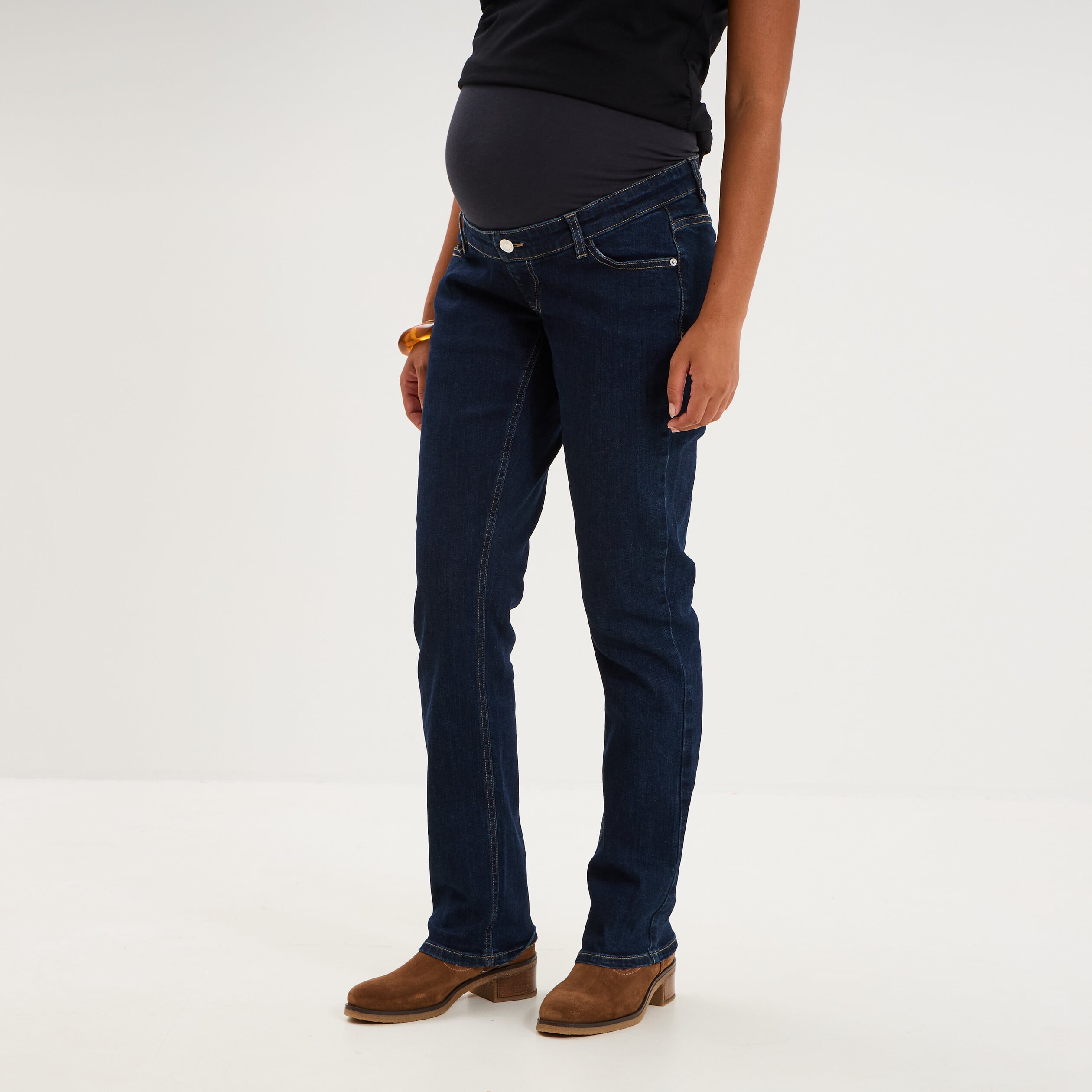Jeans grossesse droit avec bandeau denim brut femme maternit&eacute;