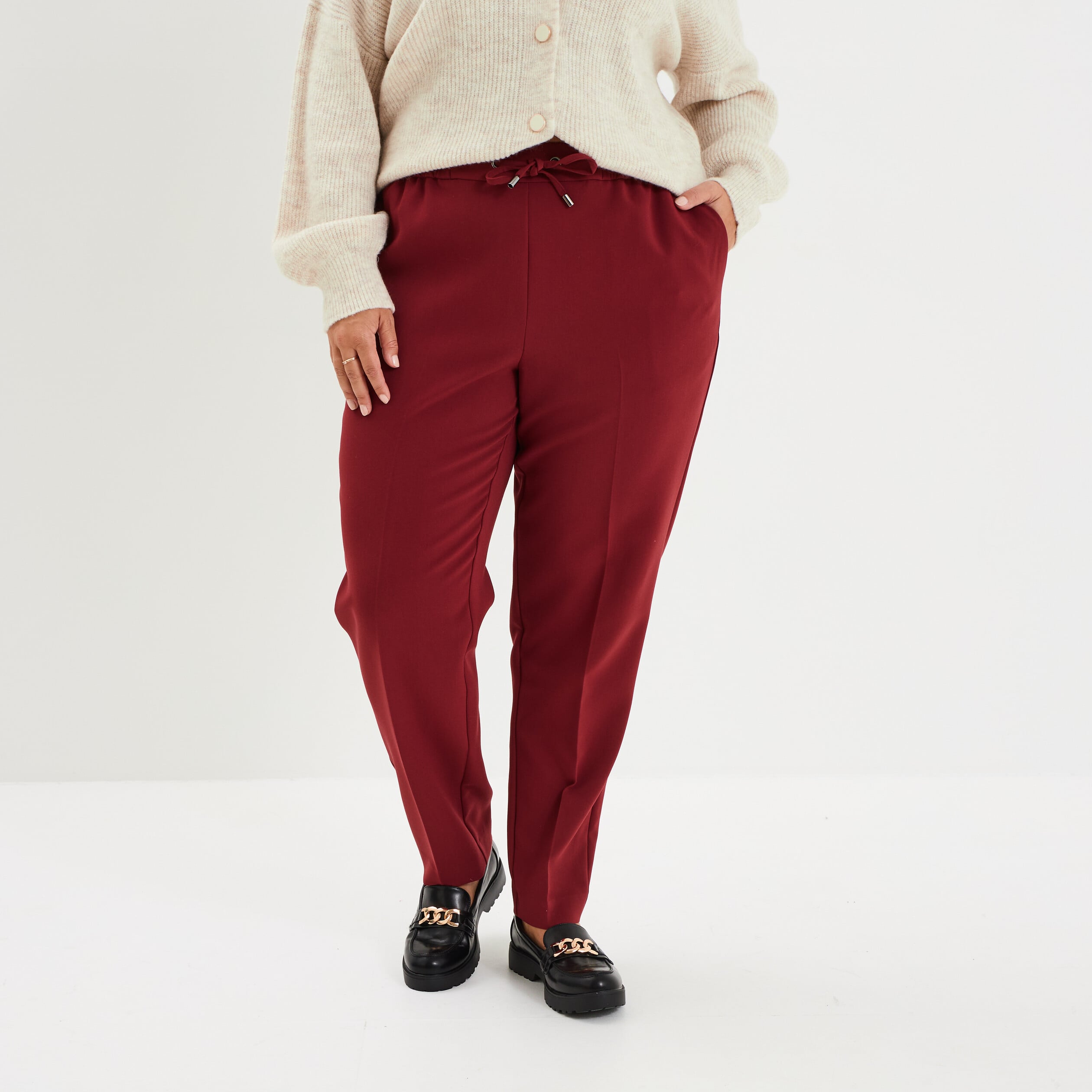 Pantalon city paperbag taille &eacute;lastiqu&eacute;e bordeaux femme grande taille