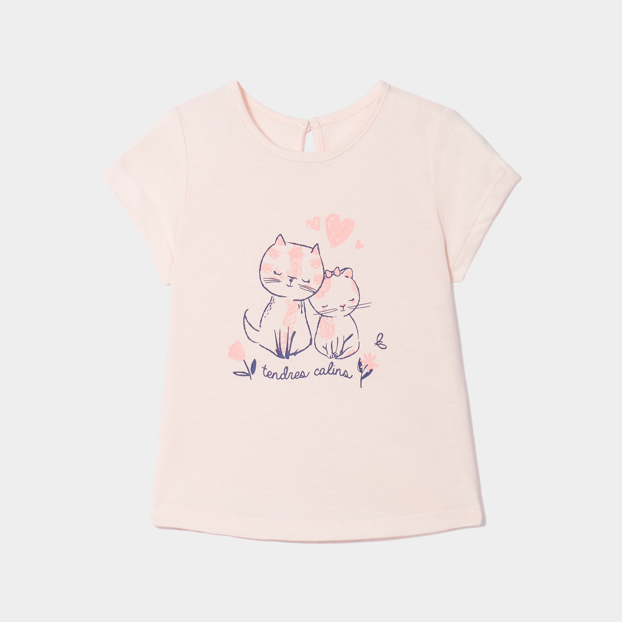 t shirt col rond manches courtes coton rose clair bebef T-shirt col rond manches courtes coton rose clair bébé fille
