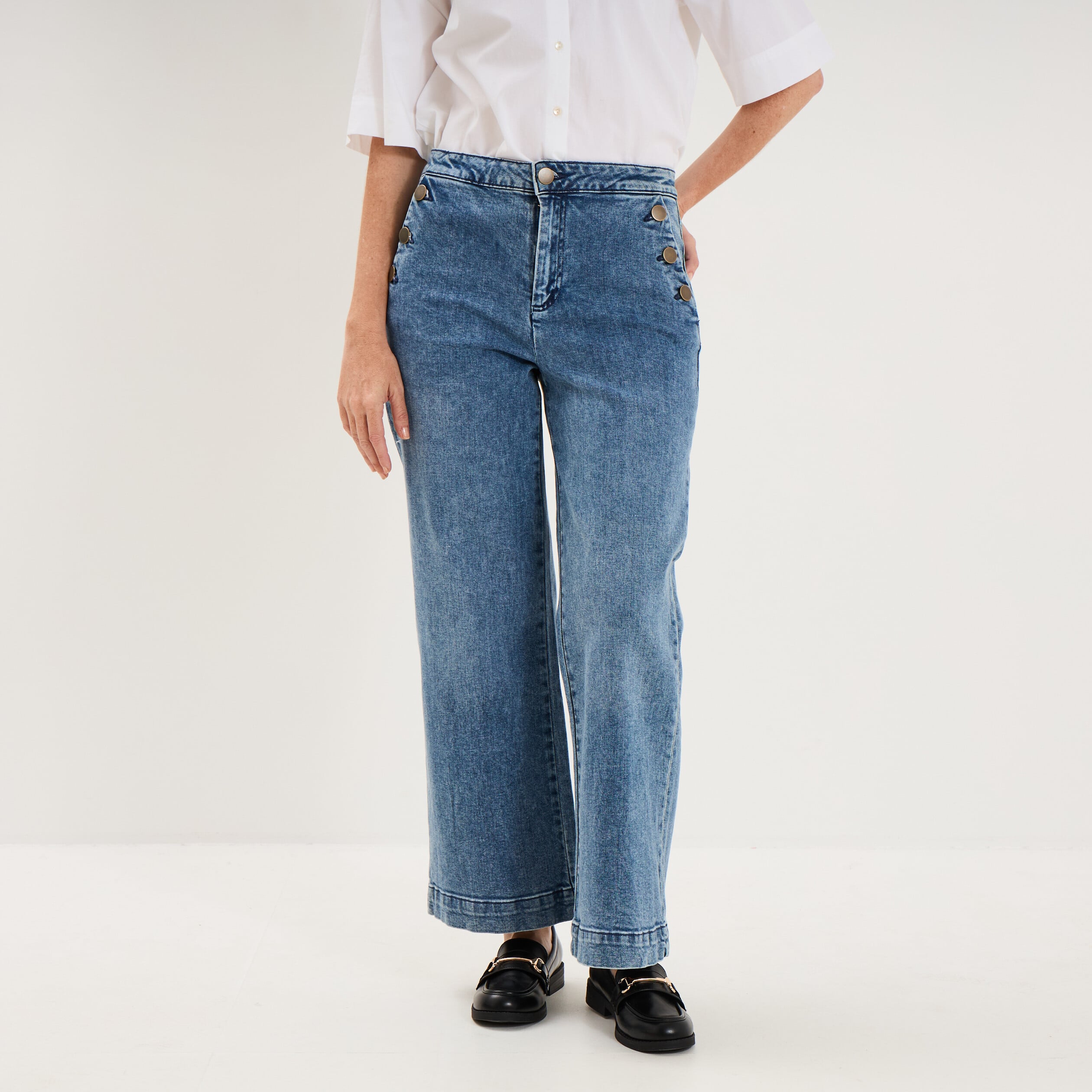 Jean large cropped &agrave; pont taille haute denim triple stone femme