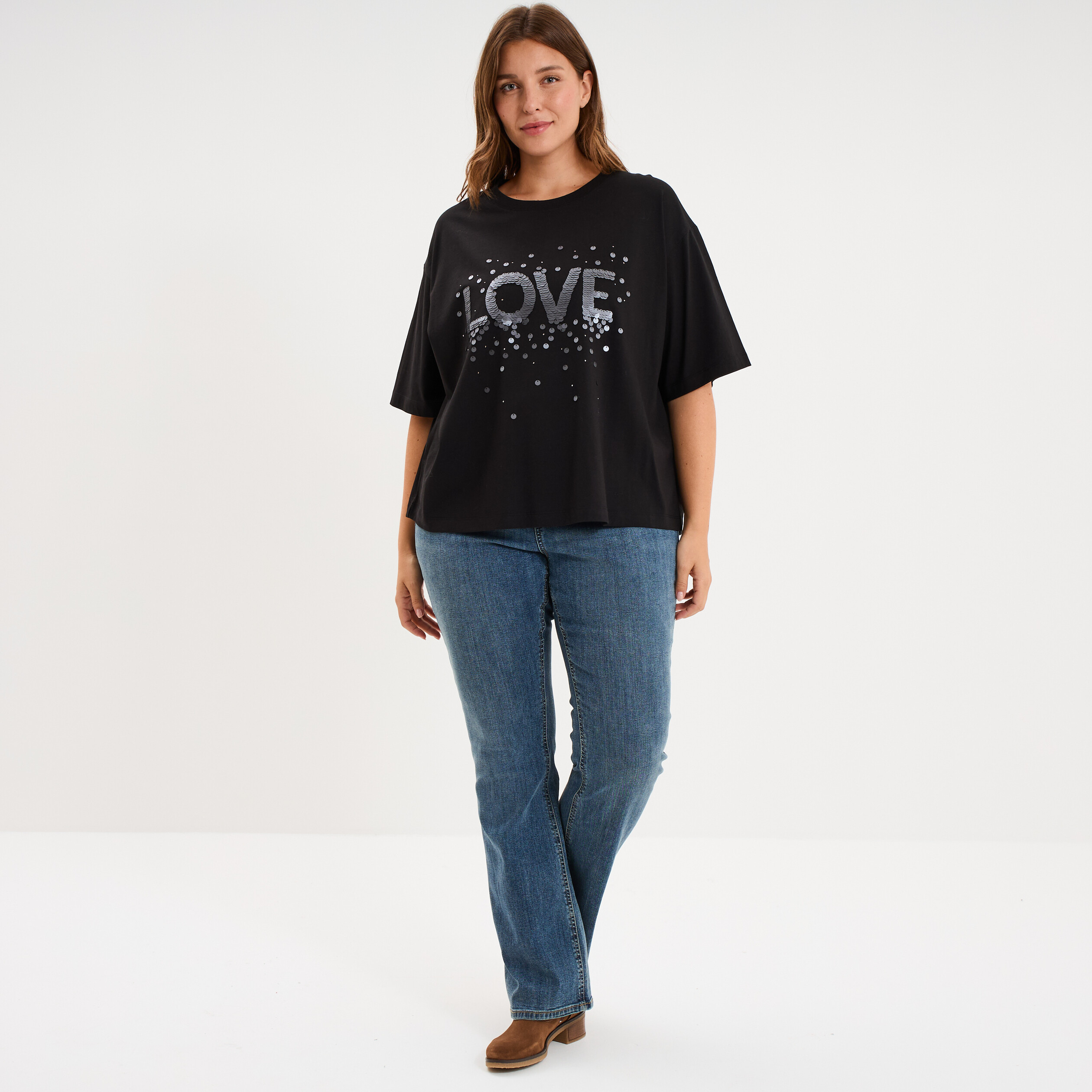 T-shirt oversize &agrave; sequins coton noir femme grande taille