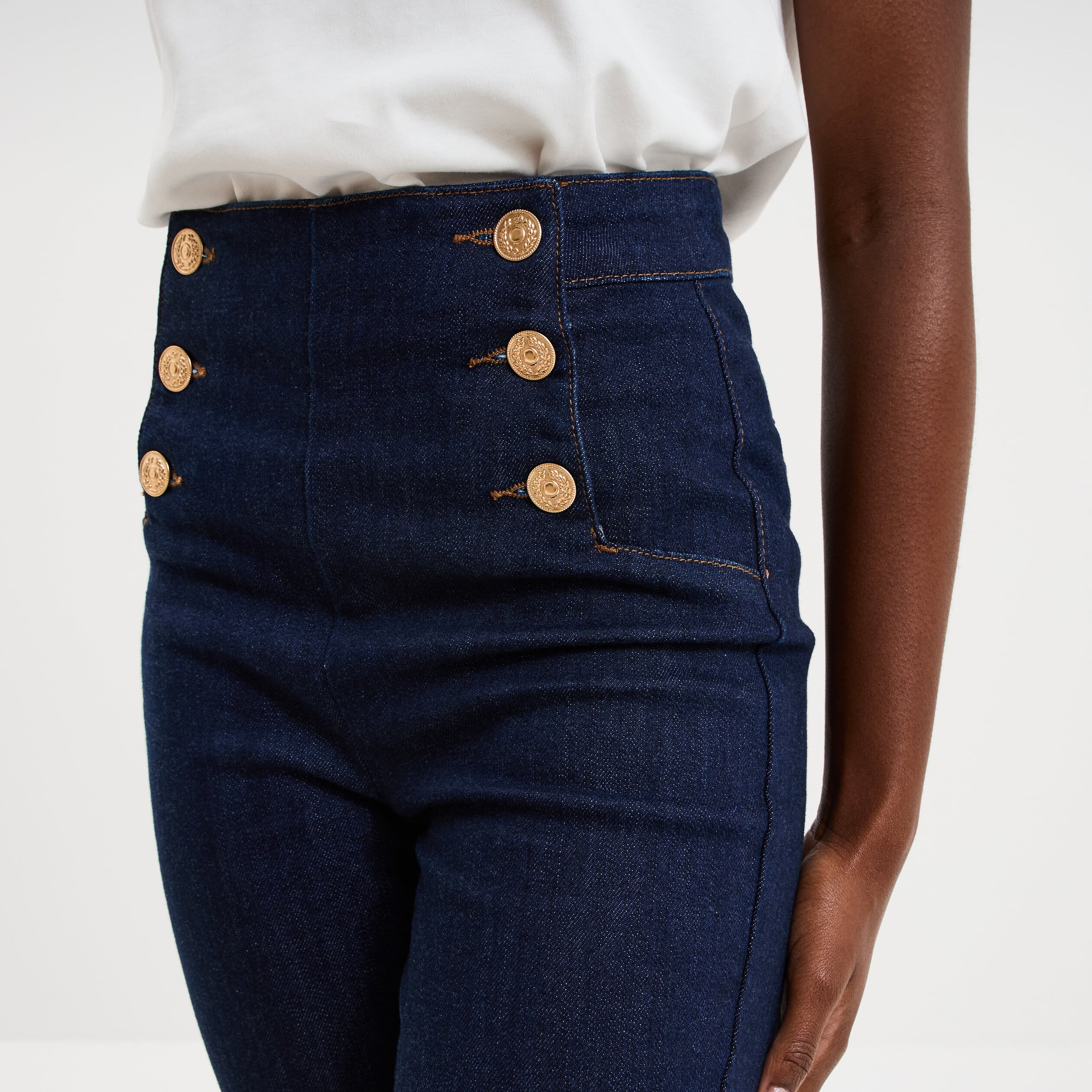 Jean flare &agrave; pont denim brut femme