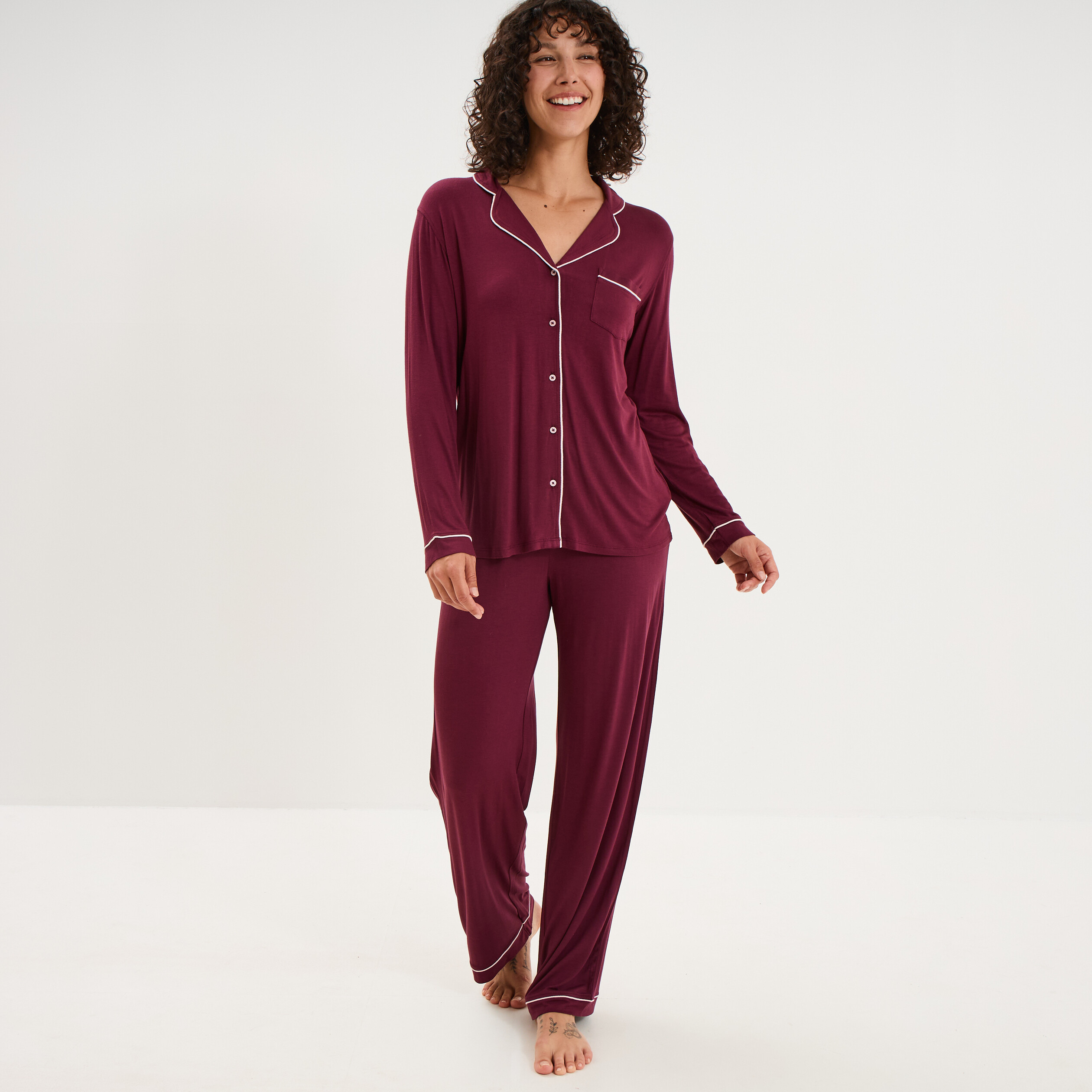Ensemble pyjama pantalon et chemise prune femme