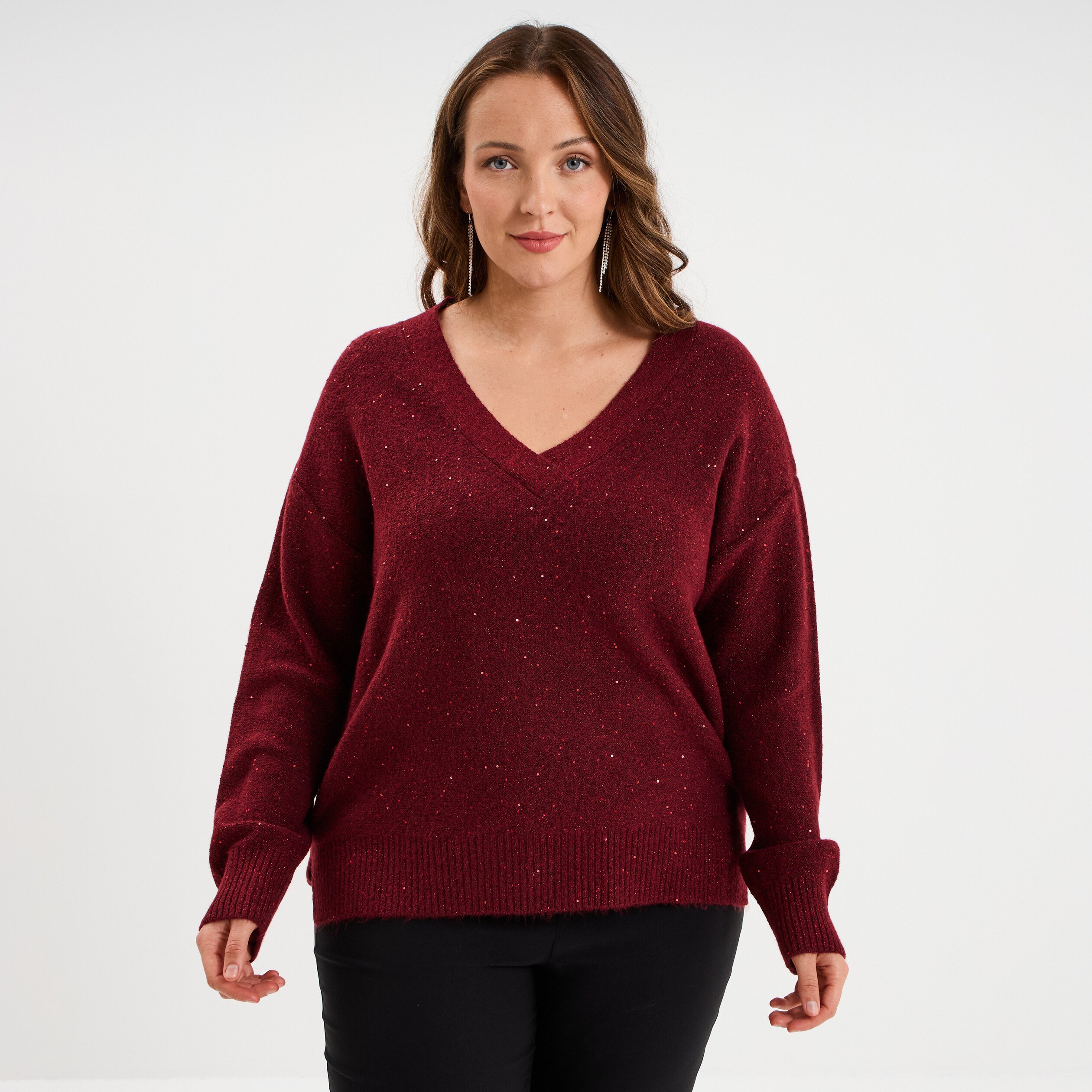 Pull droit col en V avec sequins bordeaux femme grande taille La - Main Image