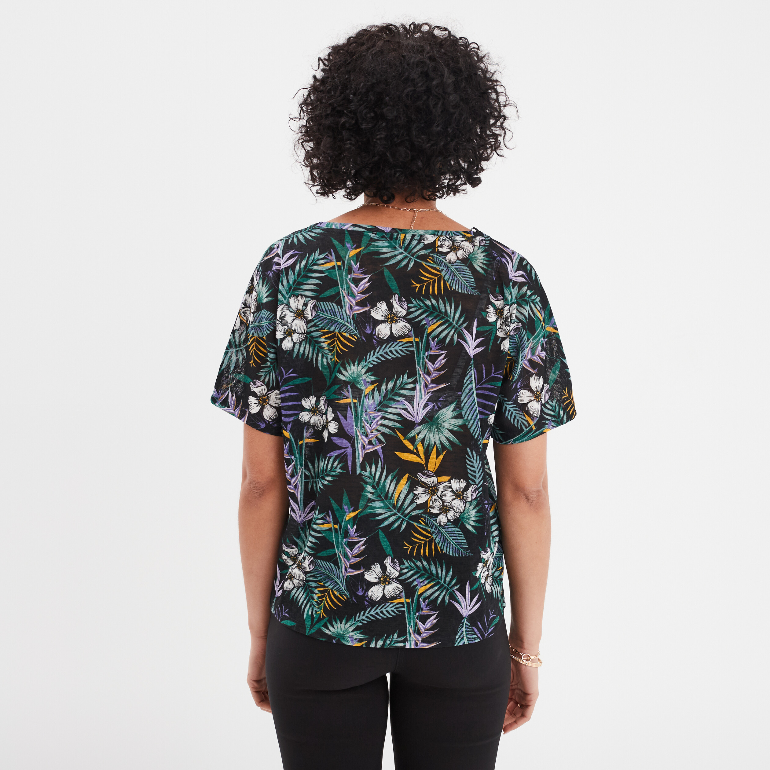 T-shirt col en V manches courtes noir femme