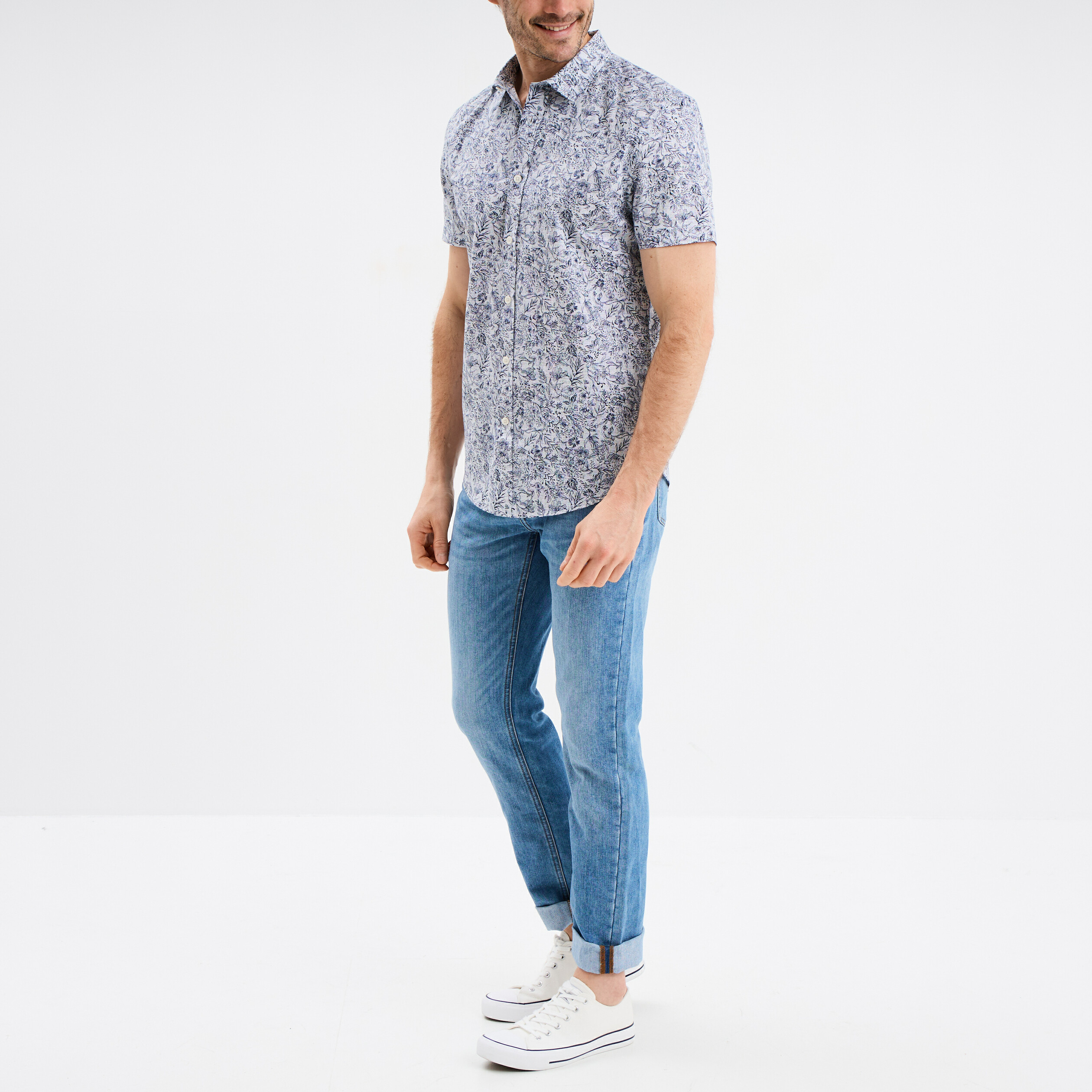 Chemise droite manches courtes coton ecru homme