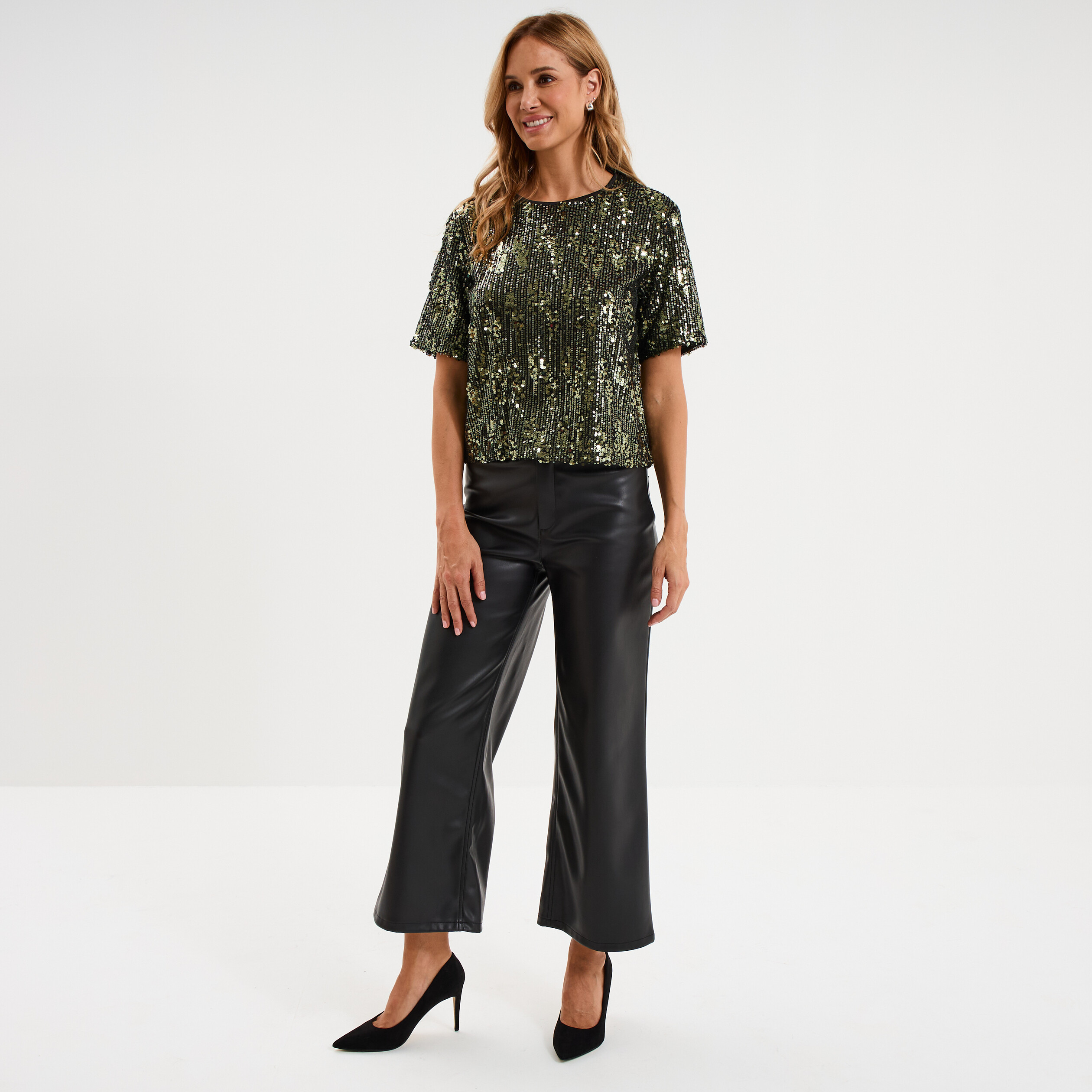 T-shirt &agrave; sequins manches courtes droit vert olive femme