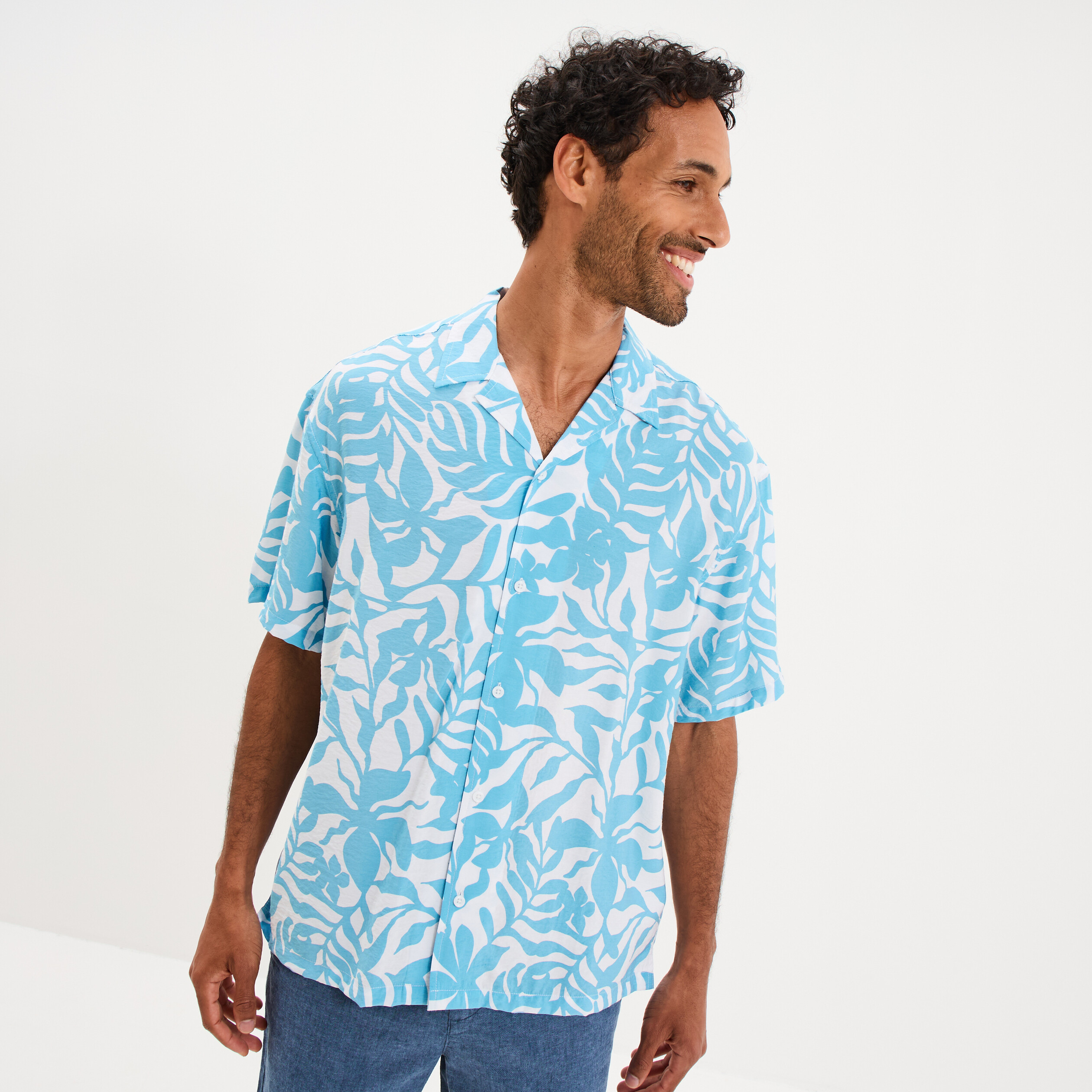 Chemise l&eacute;g&egrave;re textur&eacute;e manches courtes bleu turquoise homme