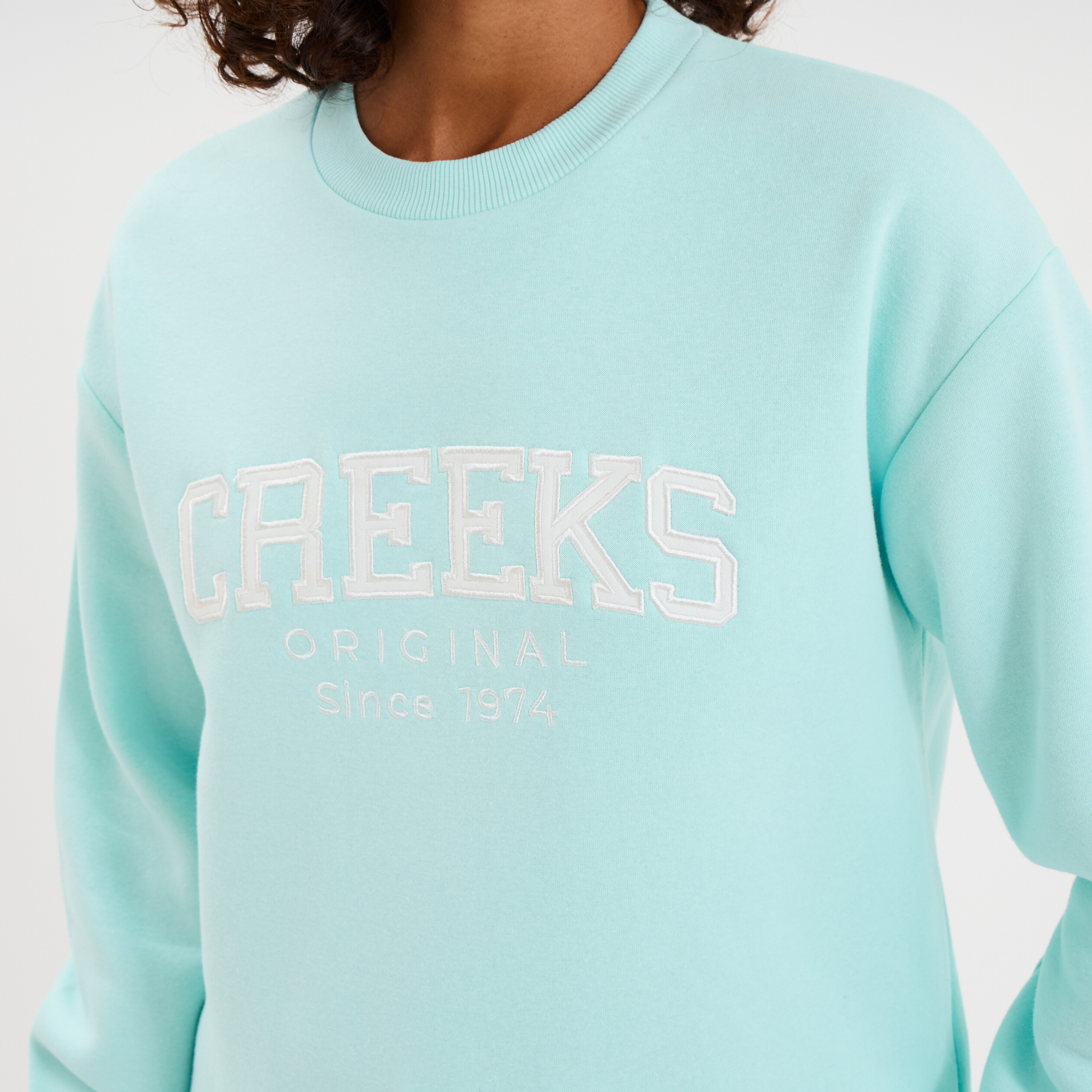 Sweat molleton col rond manches longues bleu turquoise femme