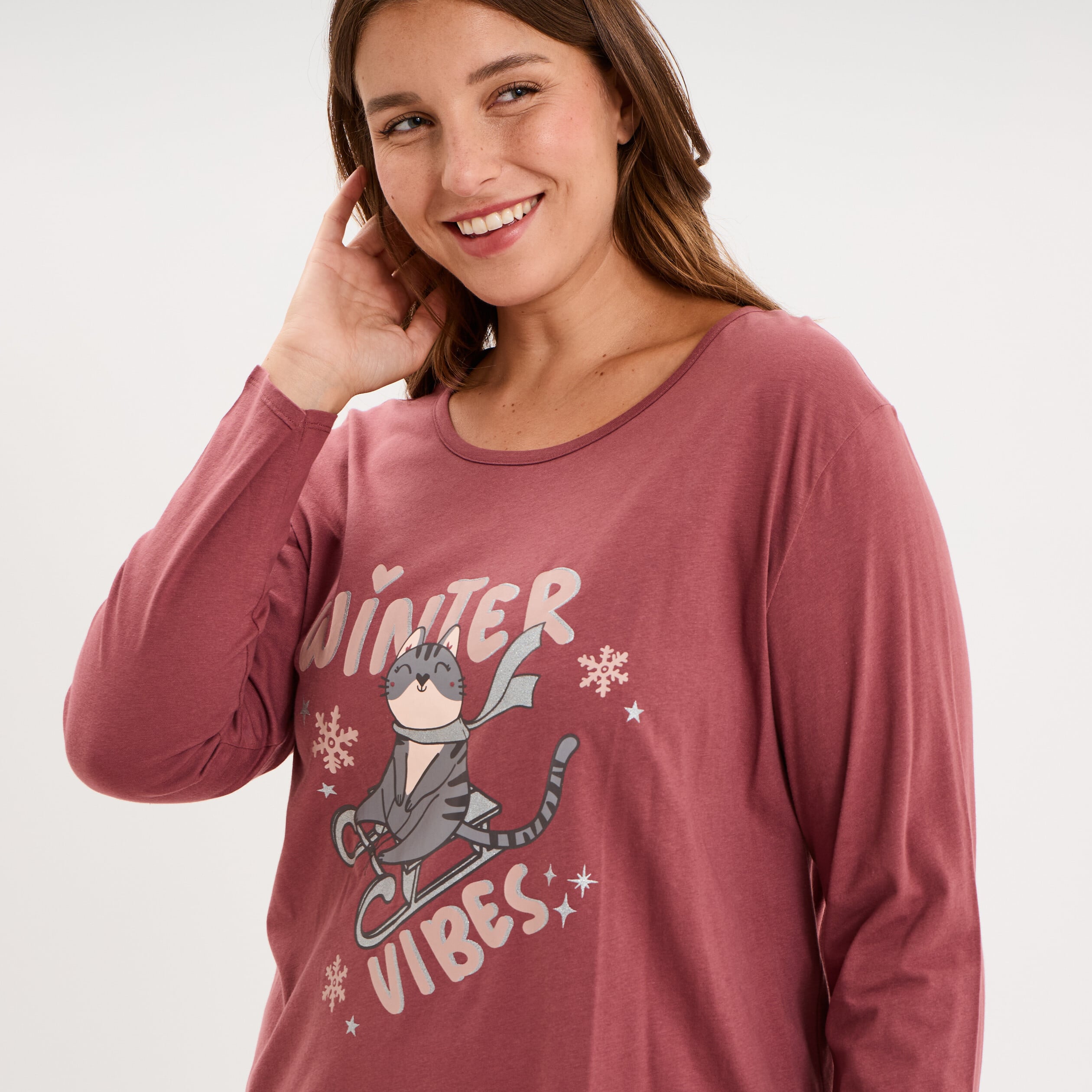 Chemise de nuit manches longues coton rose framboise femme grande taille