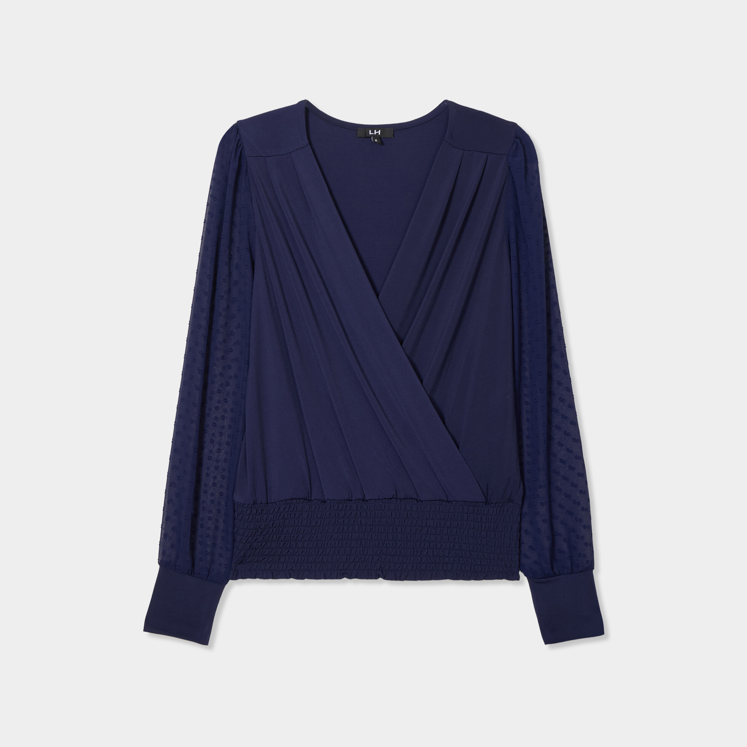 T-shirt col cache-coeur bi-matière bleu marine femme