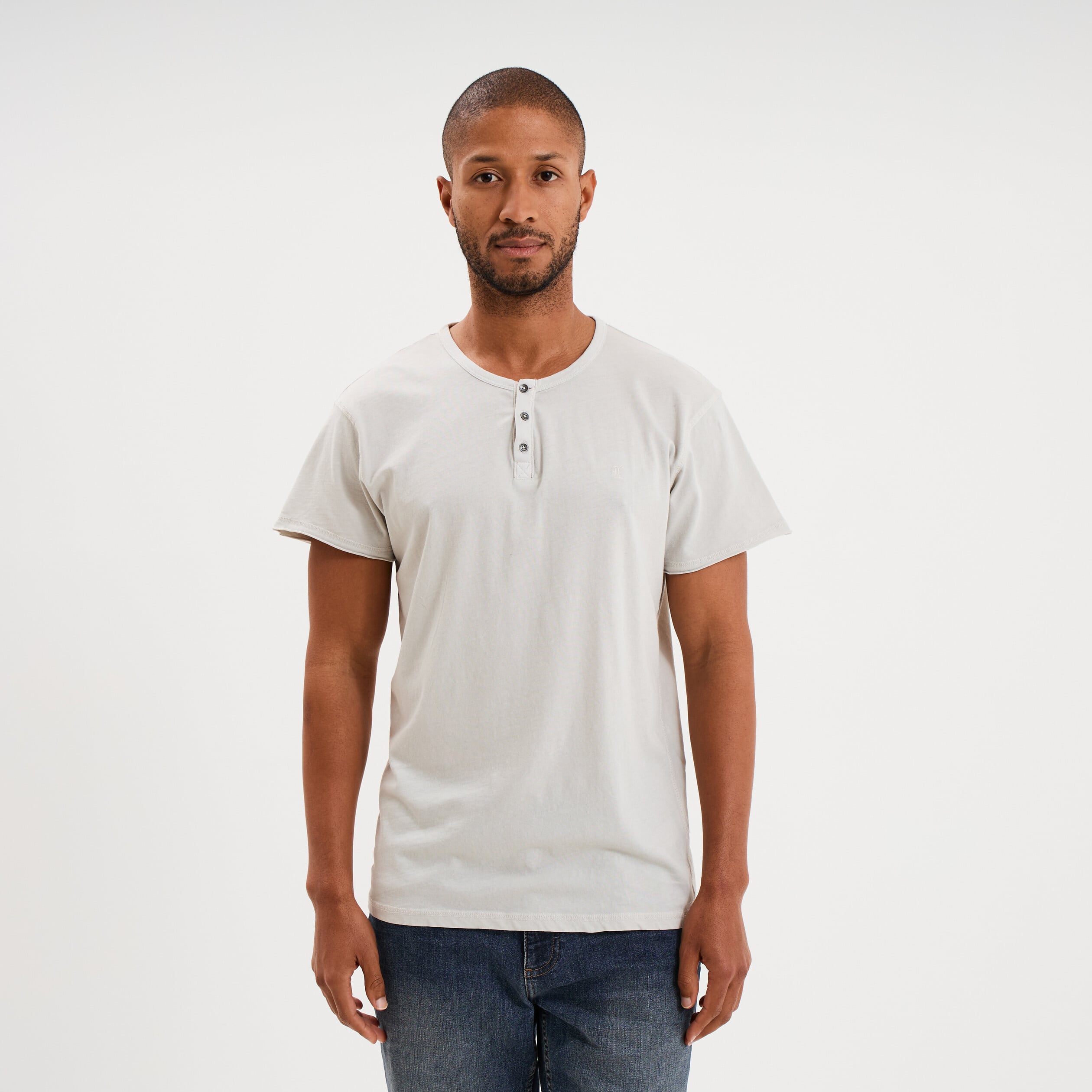 T-shirt col tunisien manches courte gris clair homme