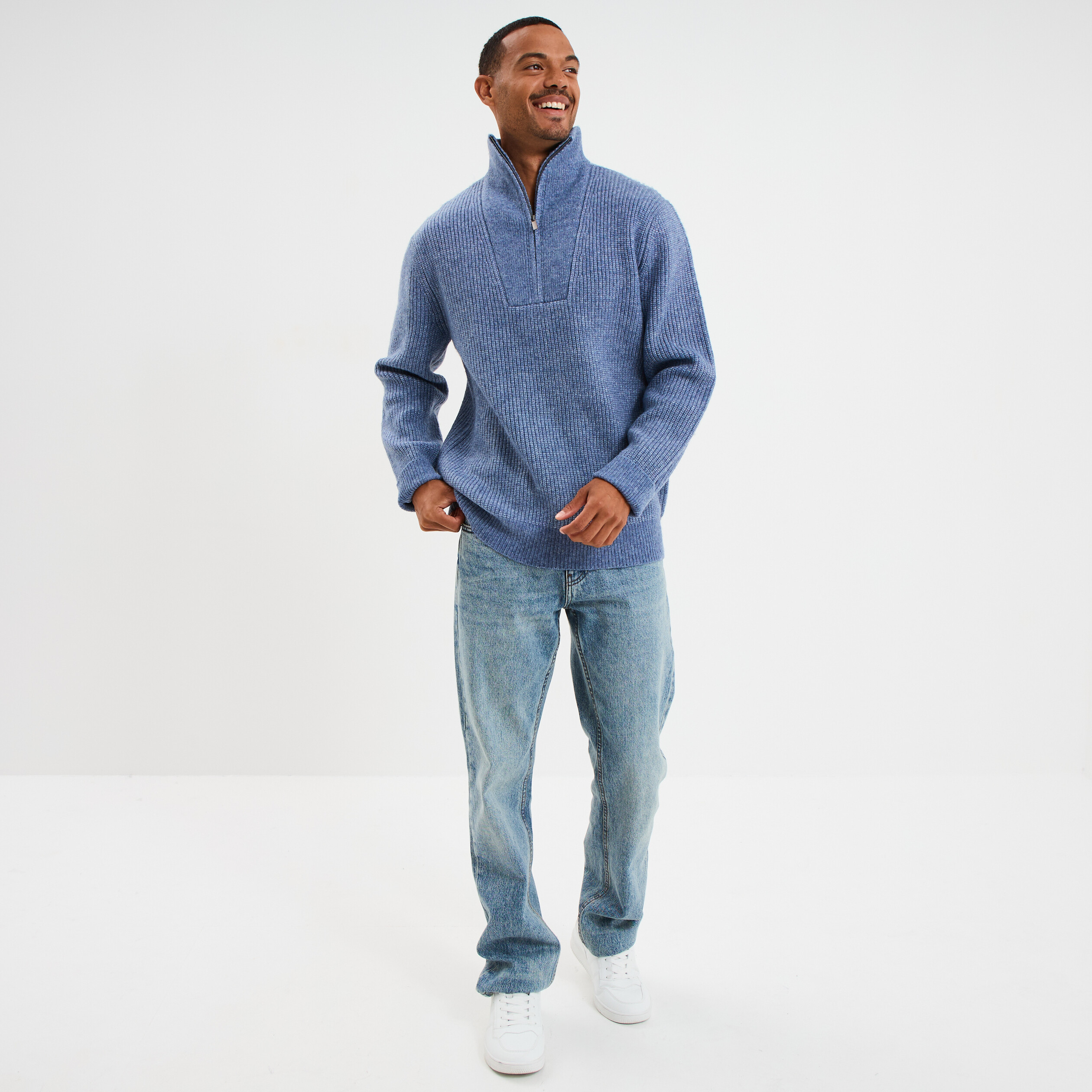 pull avec col camionneur cotele bleu fonce homme Pull avec col camionneur côtelé bleu foncé homme