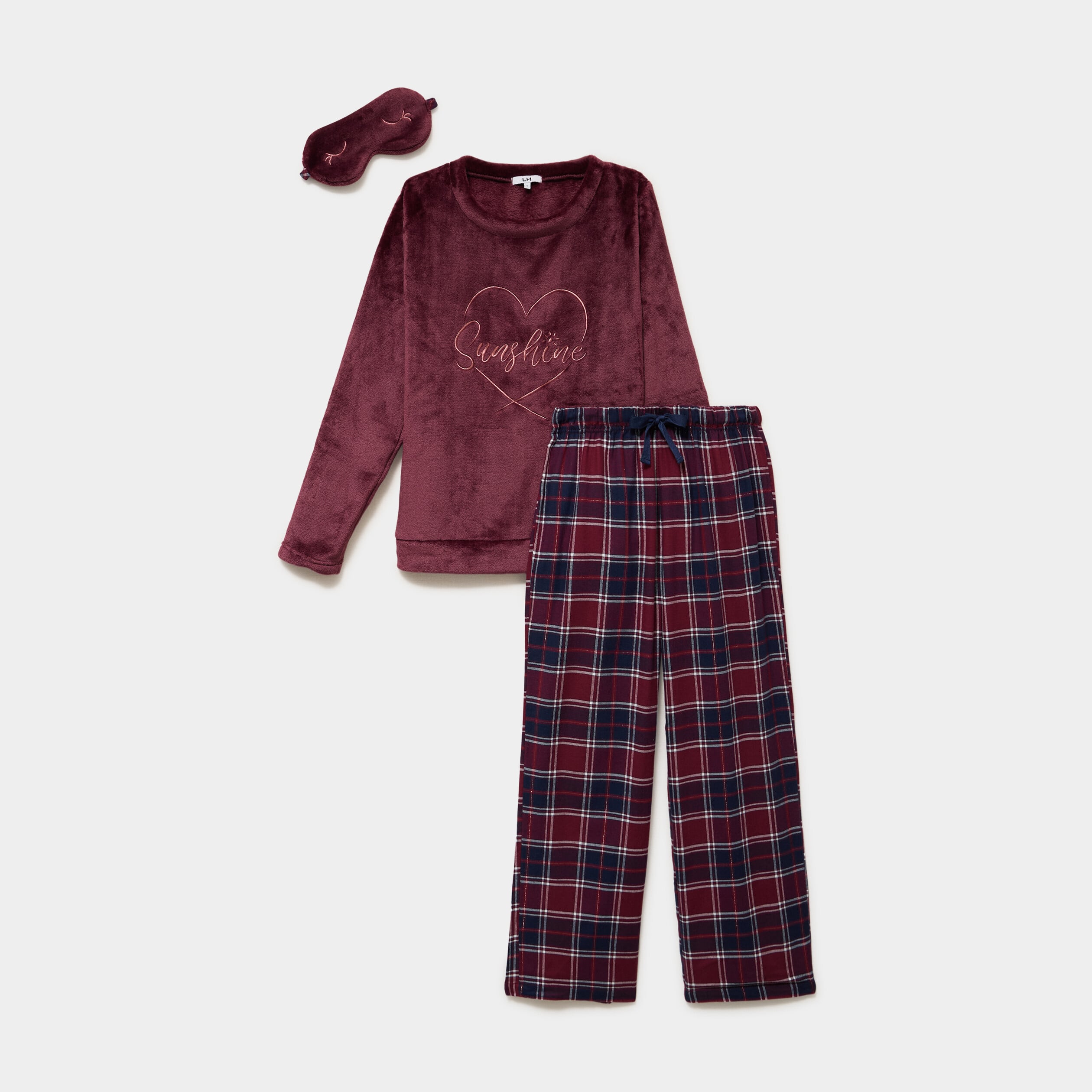 Ensemble pyjama effet polaire 3 pi&egrave;ces bordeaux femme