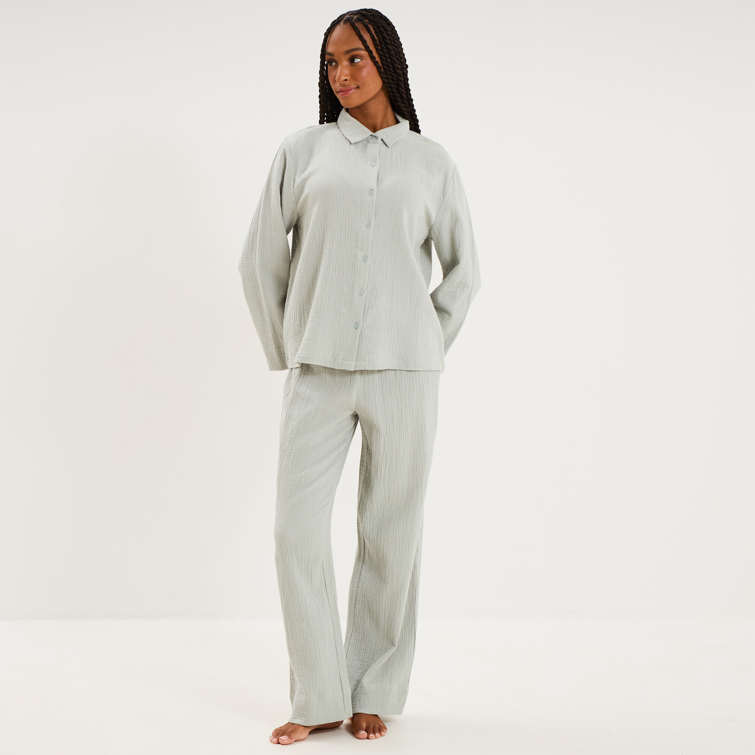 Ensemble pyjama chemise gaze de coton vert clair femme
