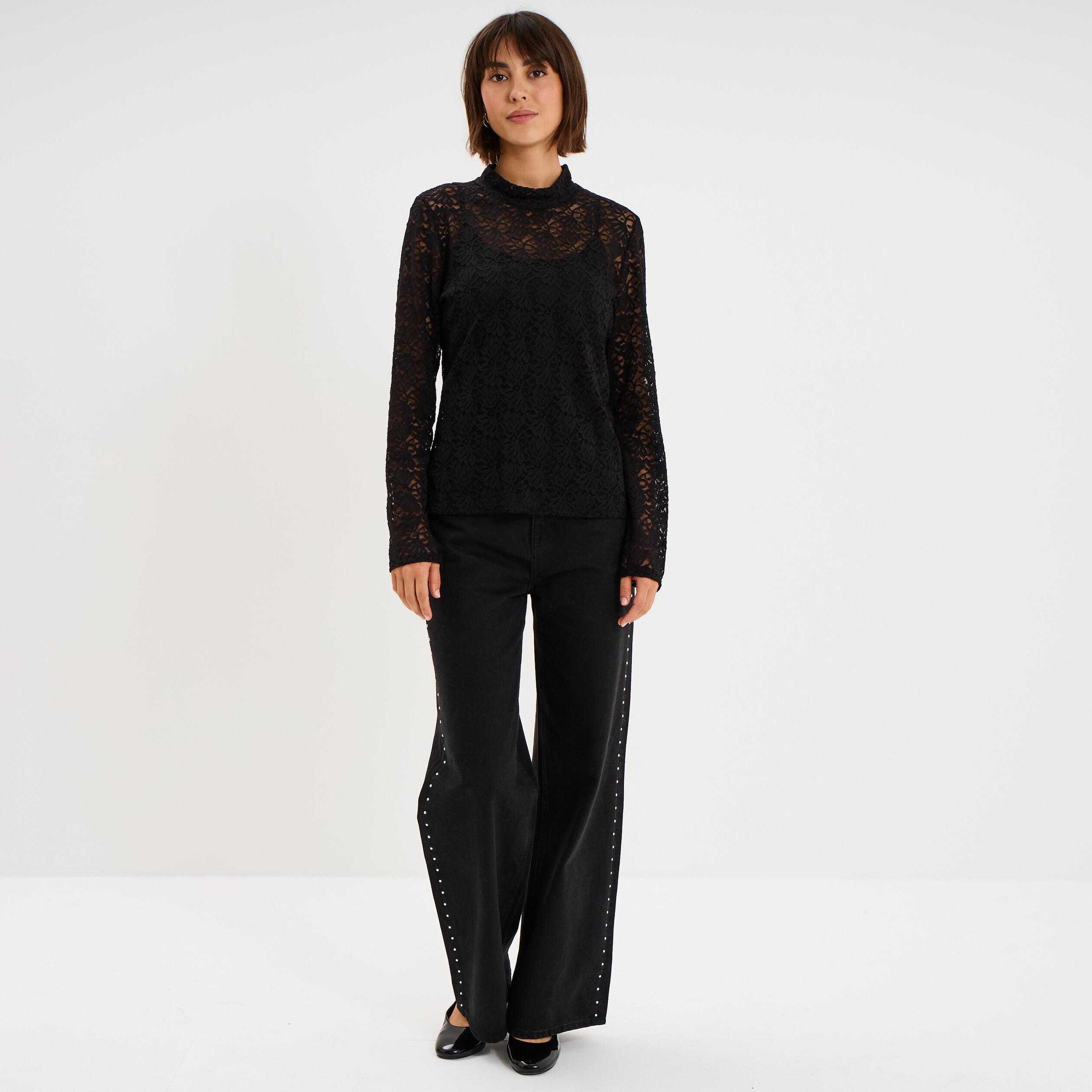 Blouse dentelle col montant noir femme