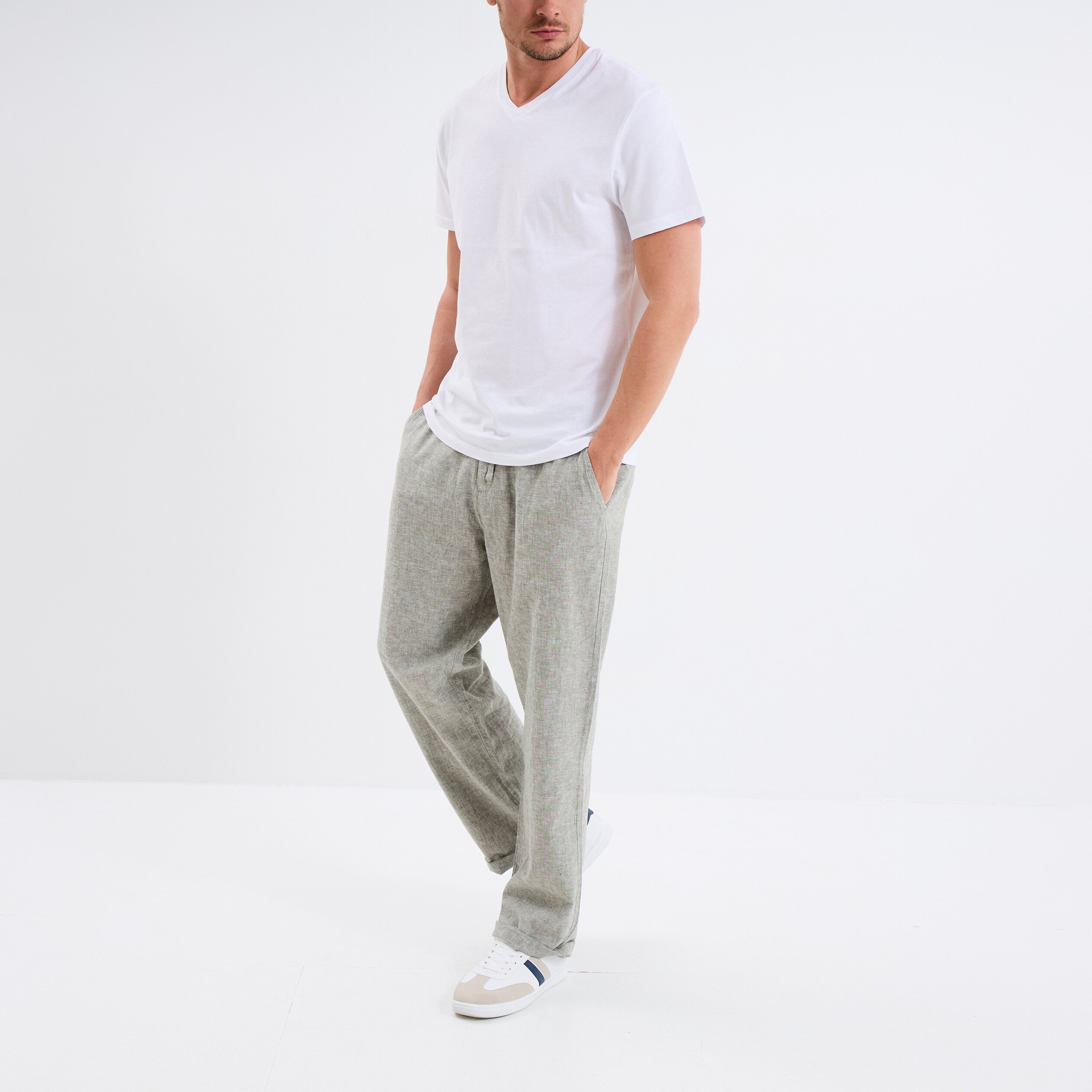 pantalon chino melange lin coton vert kaki homme Pantalon chino mélange lin coton vert kaki homme