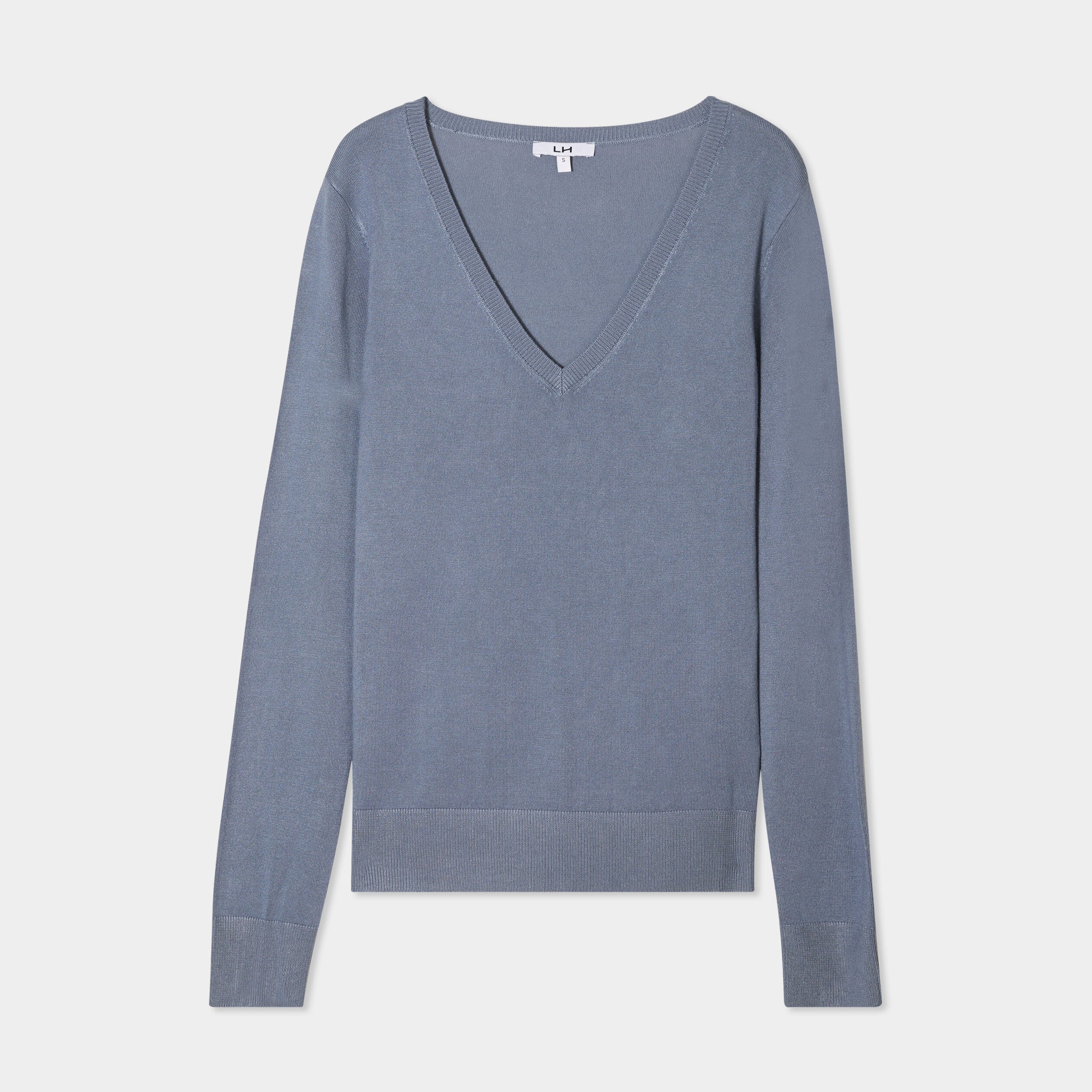 pull col en v manches longues bleu gris femme Pull col en V manches longues bleu gris femme
