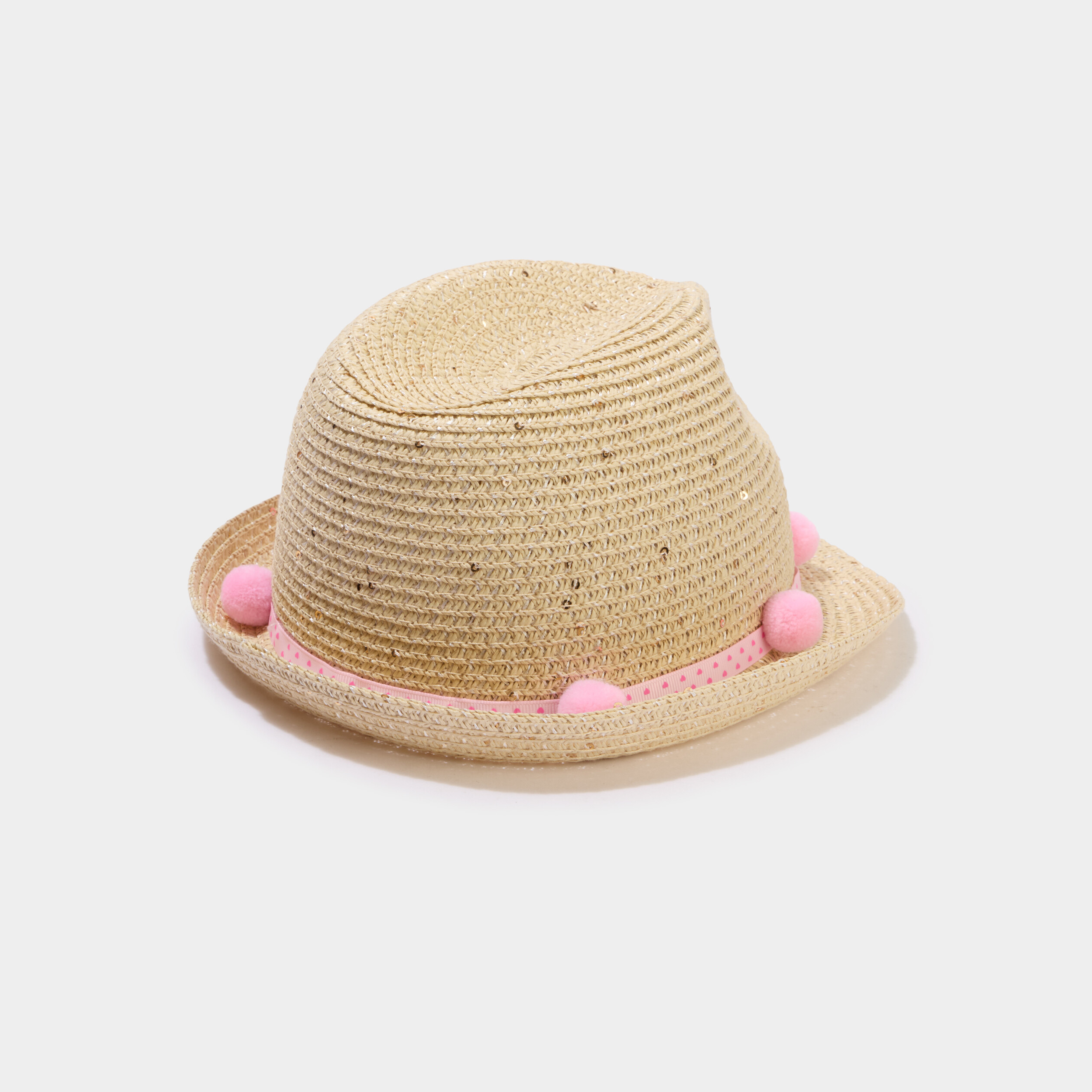 Chapeau de paille avec pompons sable fille