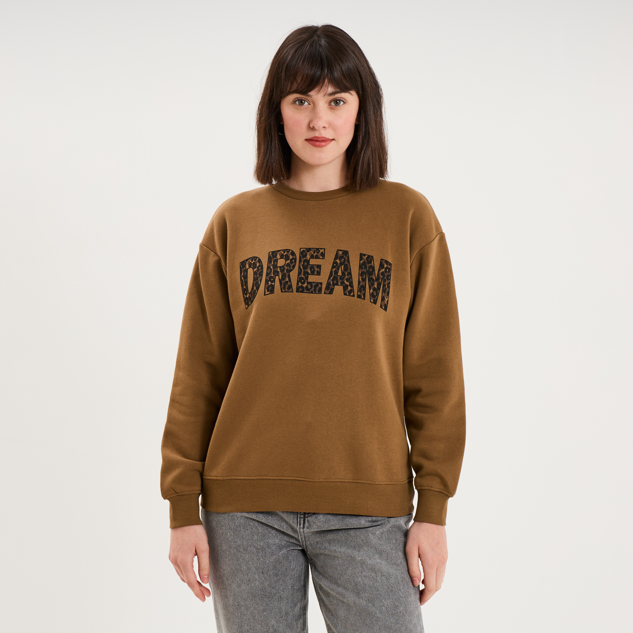 Sweat col rond manches longues beige femme
