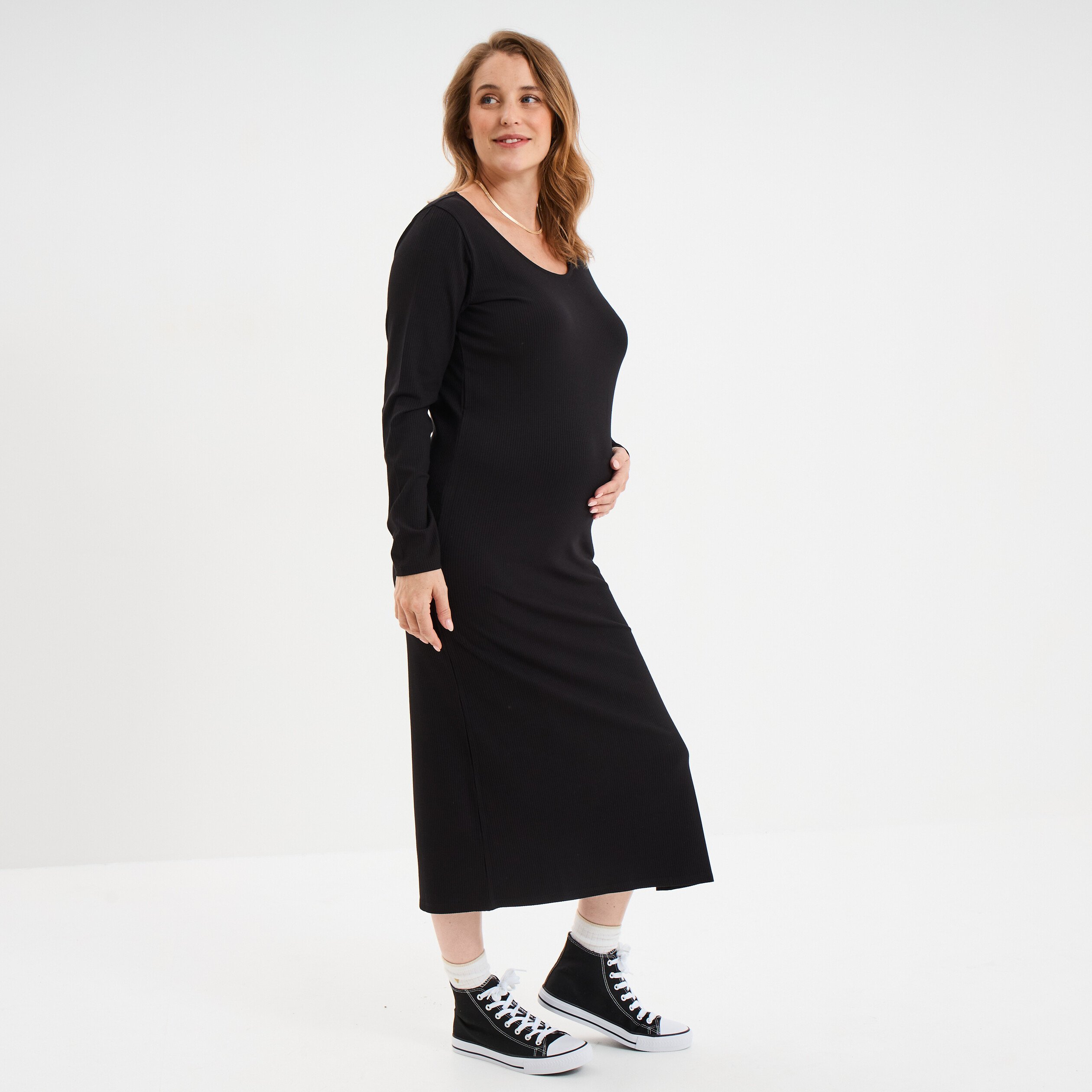 robe longue cotelee grossesse noir femmemater Robe longue côtelée grossesse noir femme maternité