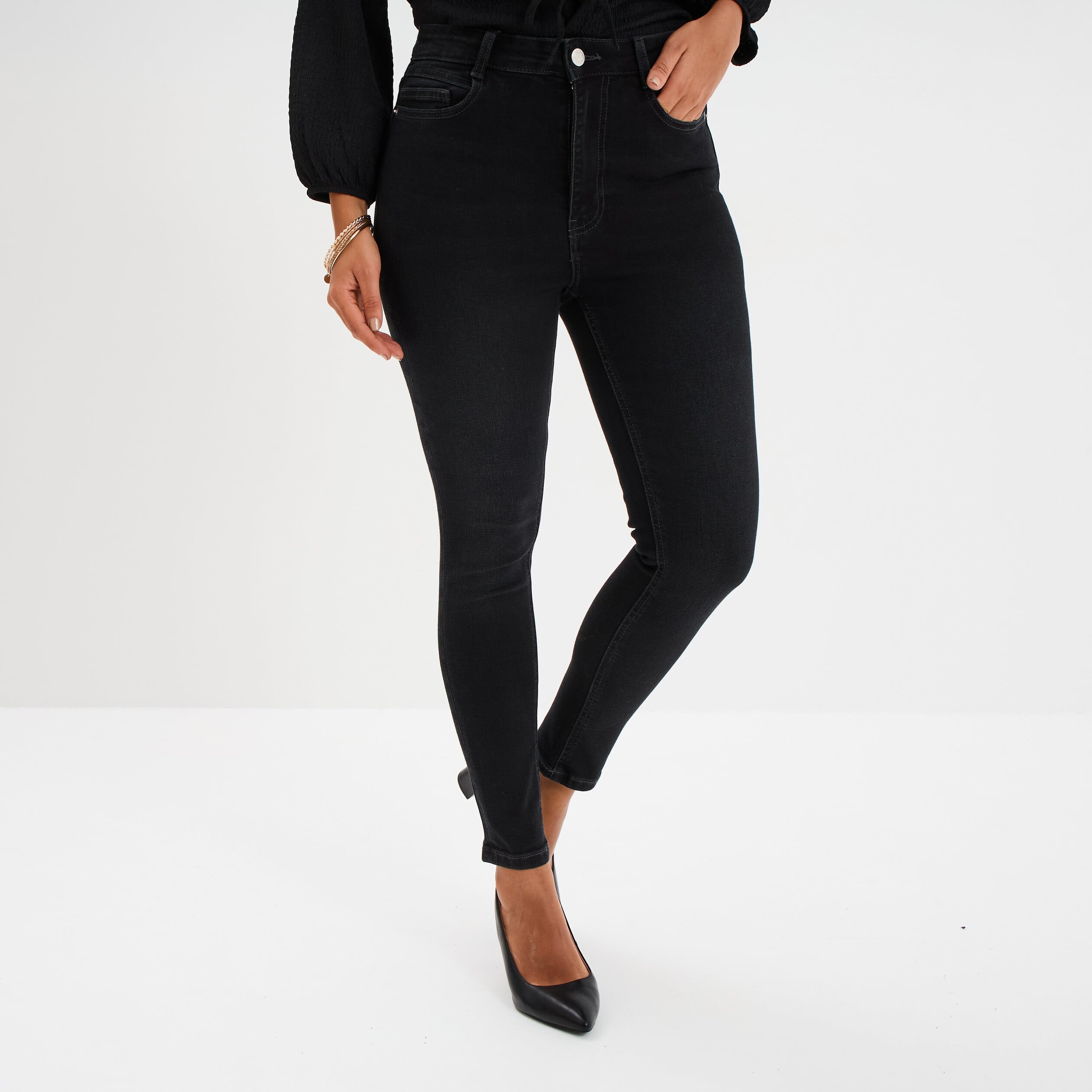 Jeans skinny taille haute cropped denim noir femme