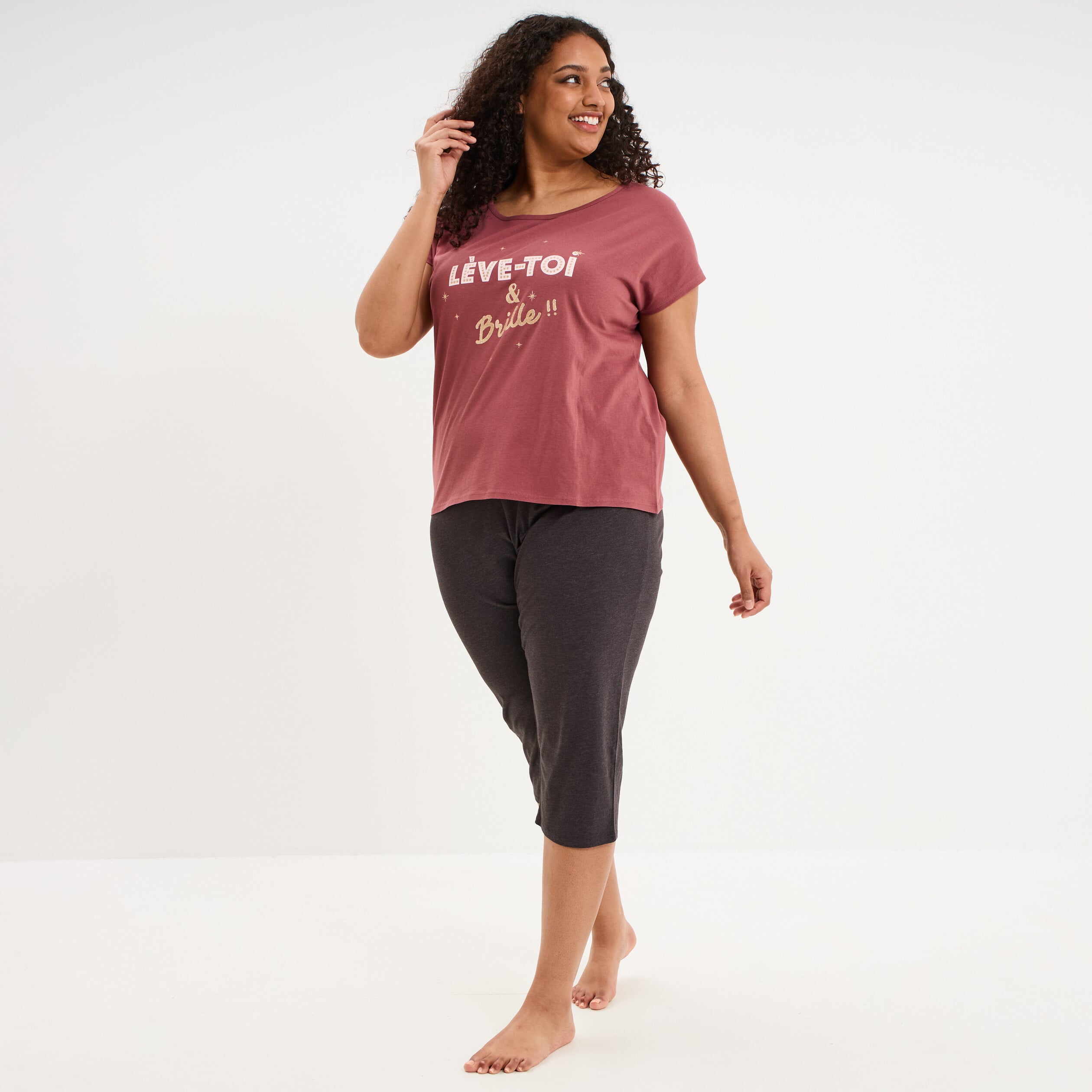 Ensemble pyjama corsaire et t-shirt rose framboise femme grande taille