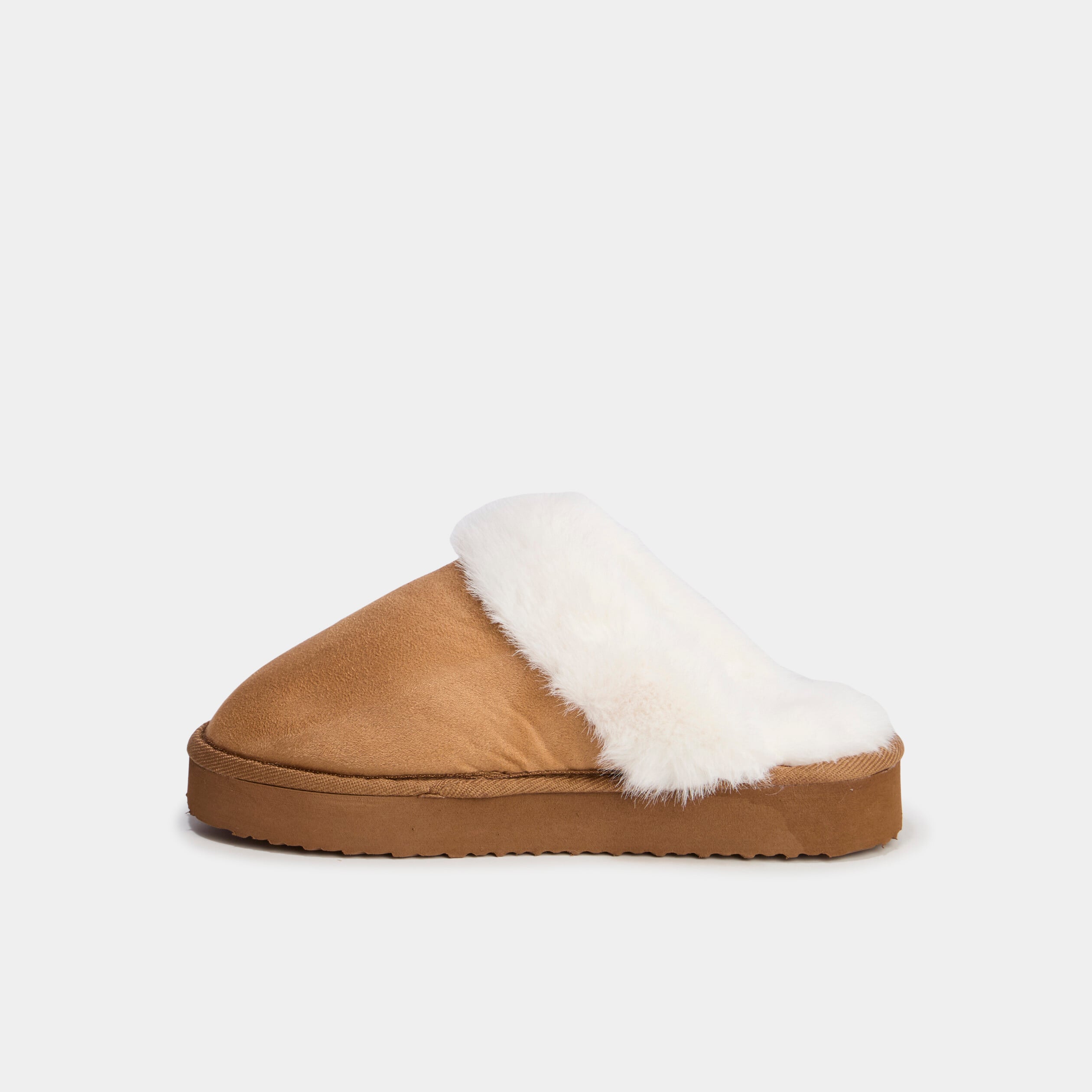 Chaussons mules compens&eacute;s fourr&eacute;s camel femme
