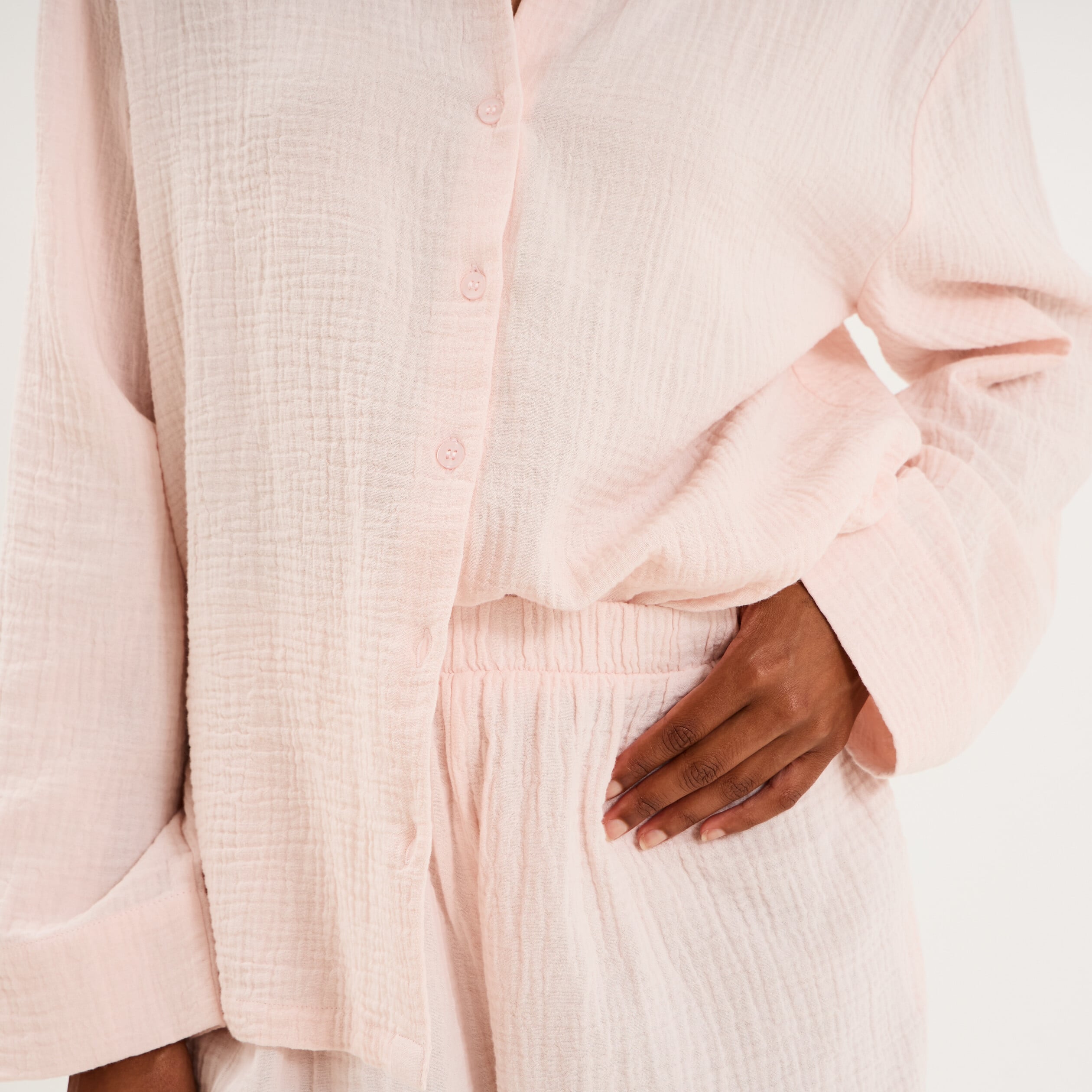 Ensemble pyjama chemise gaze de coton rose clair femme