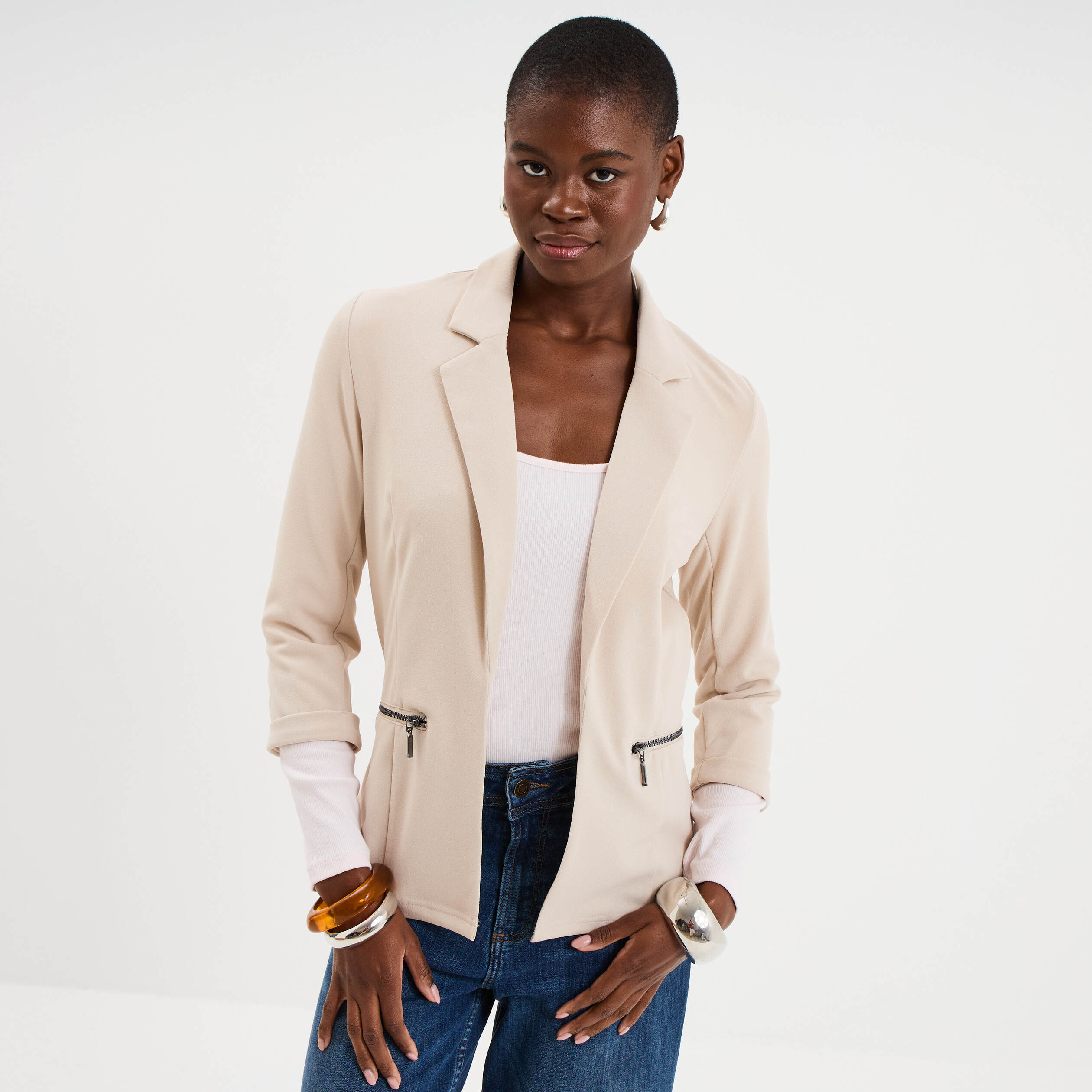 Veste blazer cintr&eacute; manches 3/4 beige femme