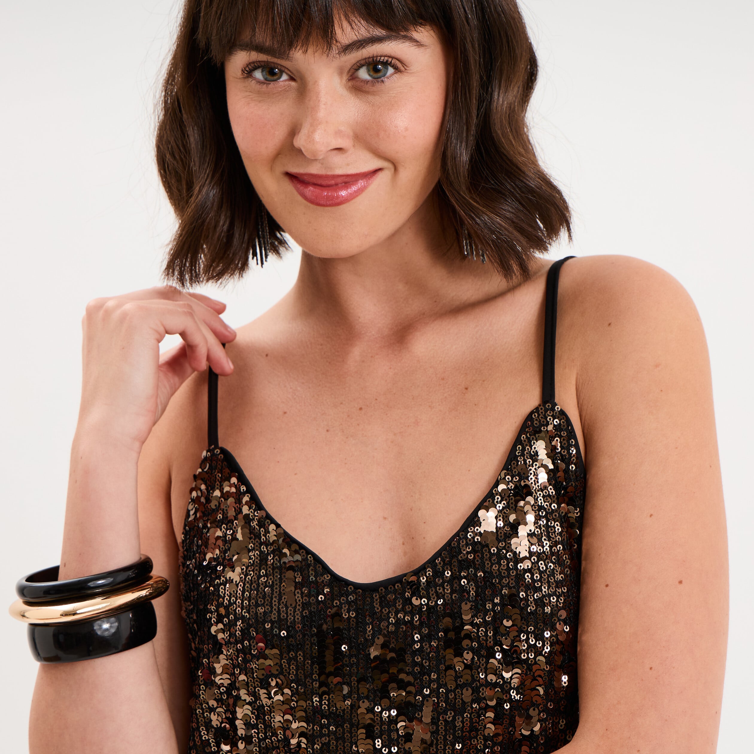 D&eacute;bardeur &agrave; sequins bretelles col V couleur cuivre femme