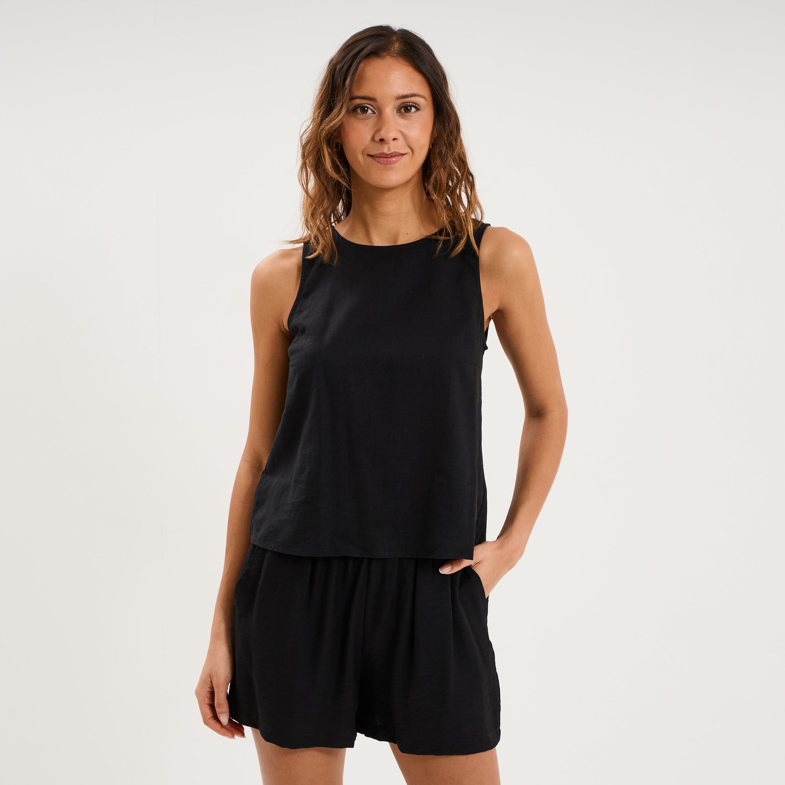 Blouse sans manches lin m&eacute;lang&eacute; noir femme