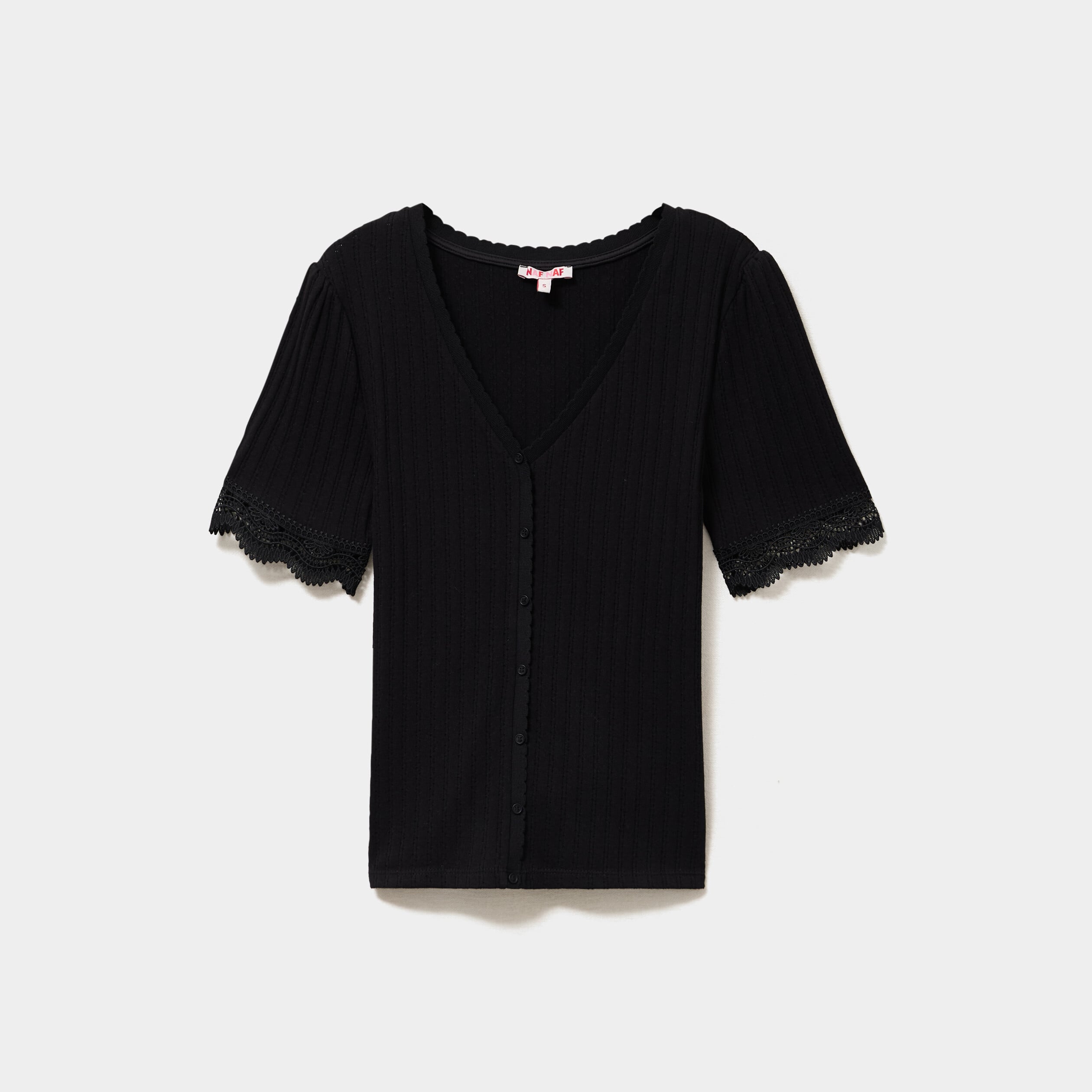 Blouse manches courtes col V dentelle noir femme