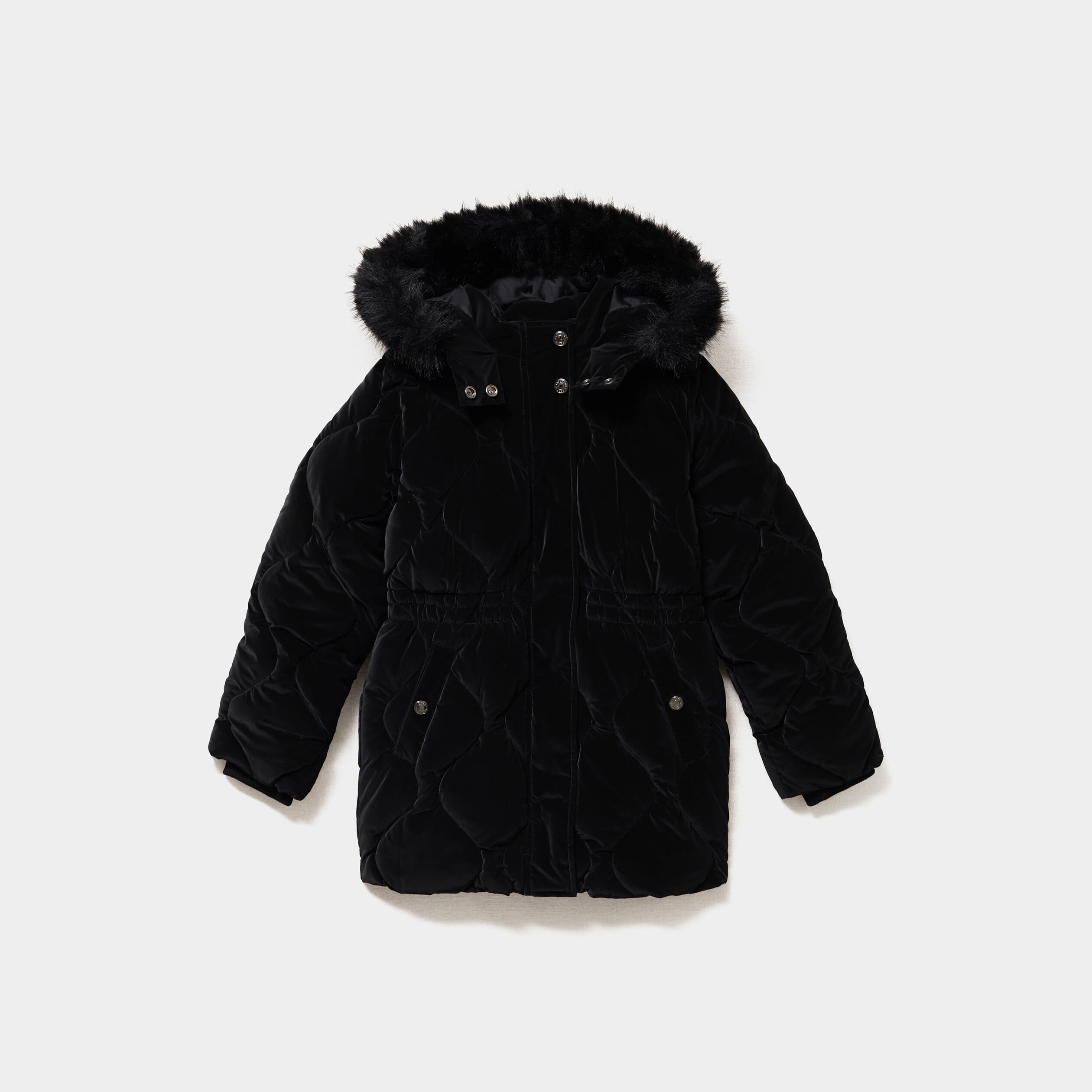 Doudoune mi-longue d&eacute;perlante &agrave; capuche noir fille
