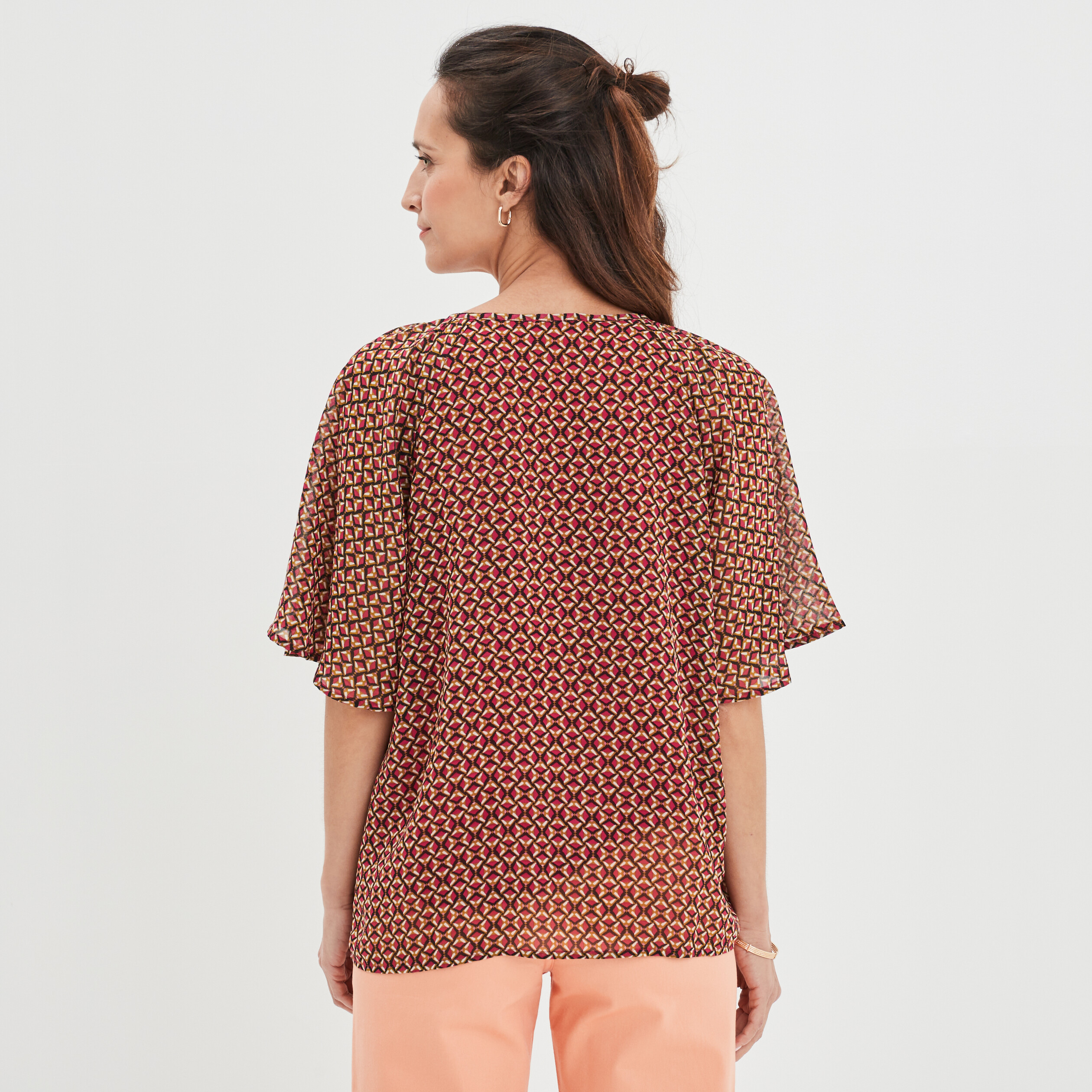 Blouse col tunisien avec cordons rose fushia femme