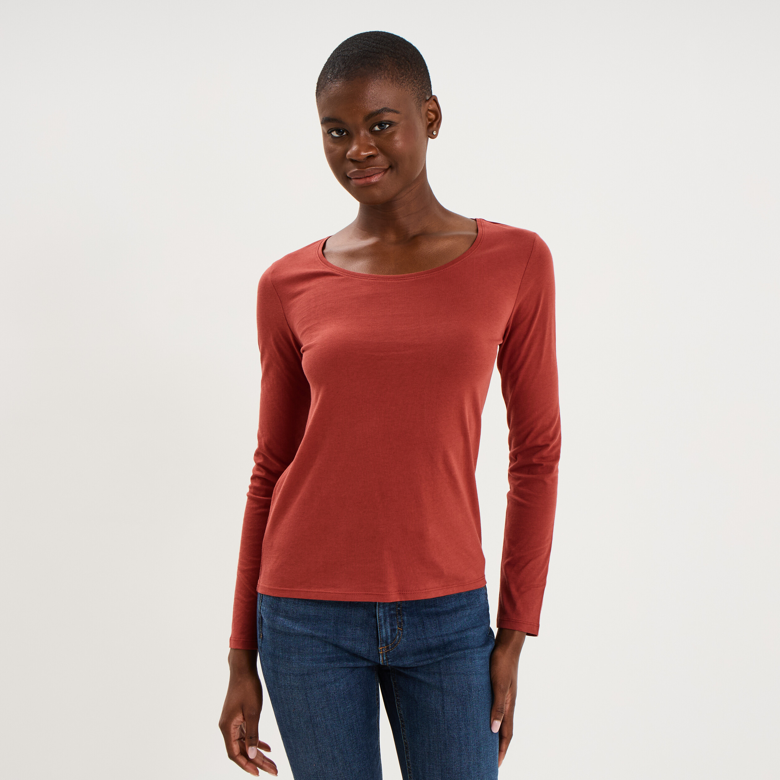 T-shirt coton col rond manches longues rouge fonc&eacute; femme