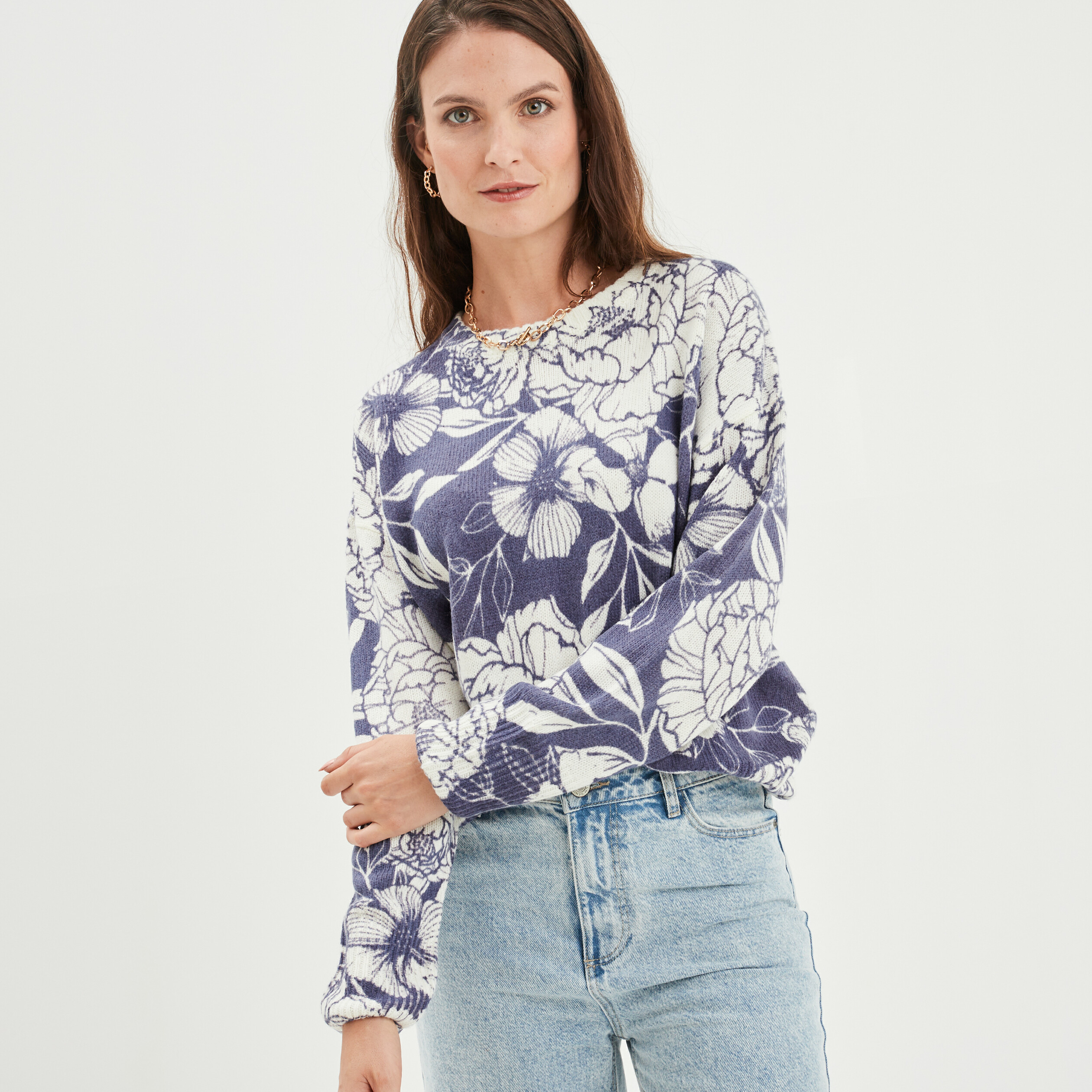 Pull col rond manches longues bleu femme