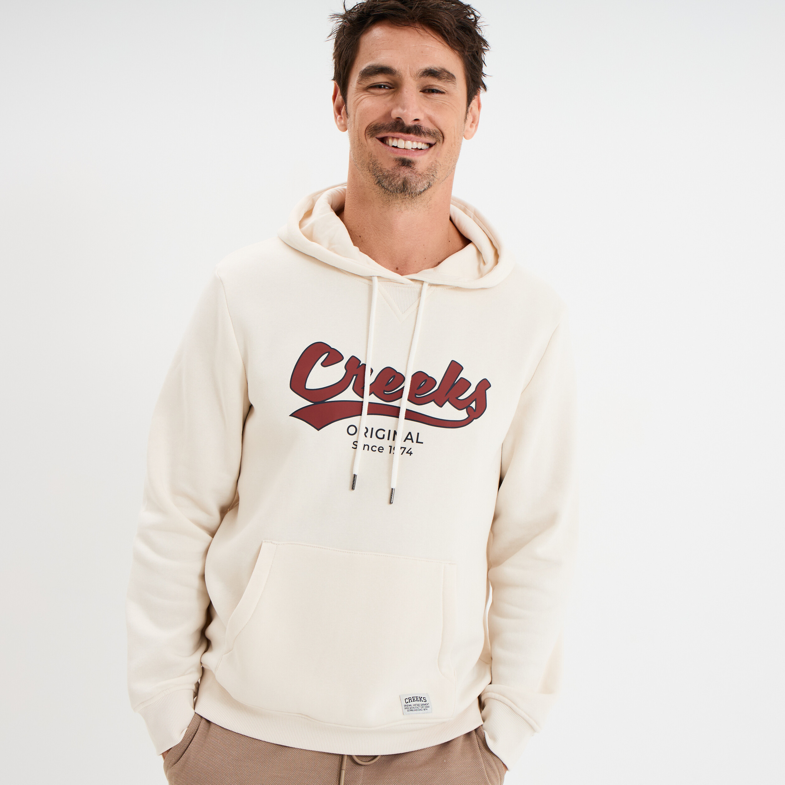 Sweat hoodie &agrave; capuche molleton 1 poche ecru homme