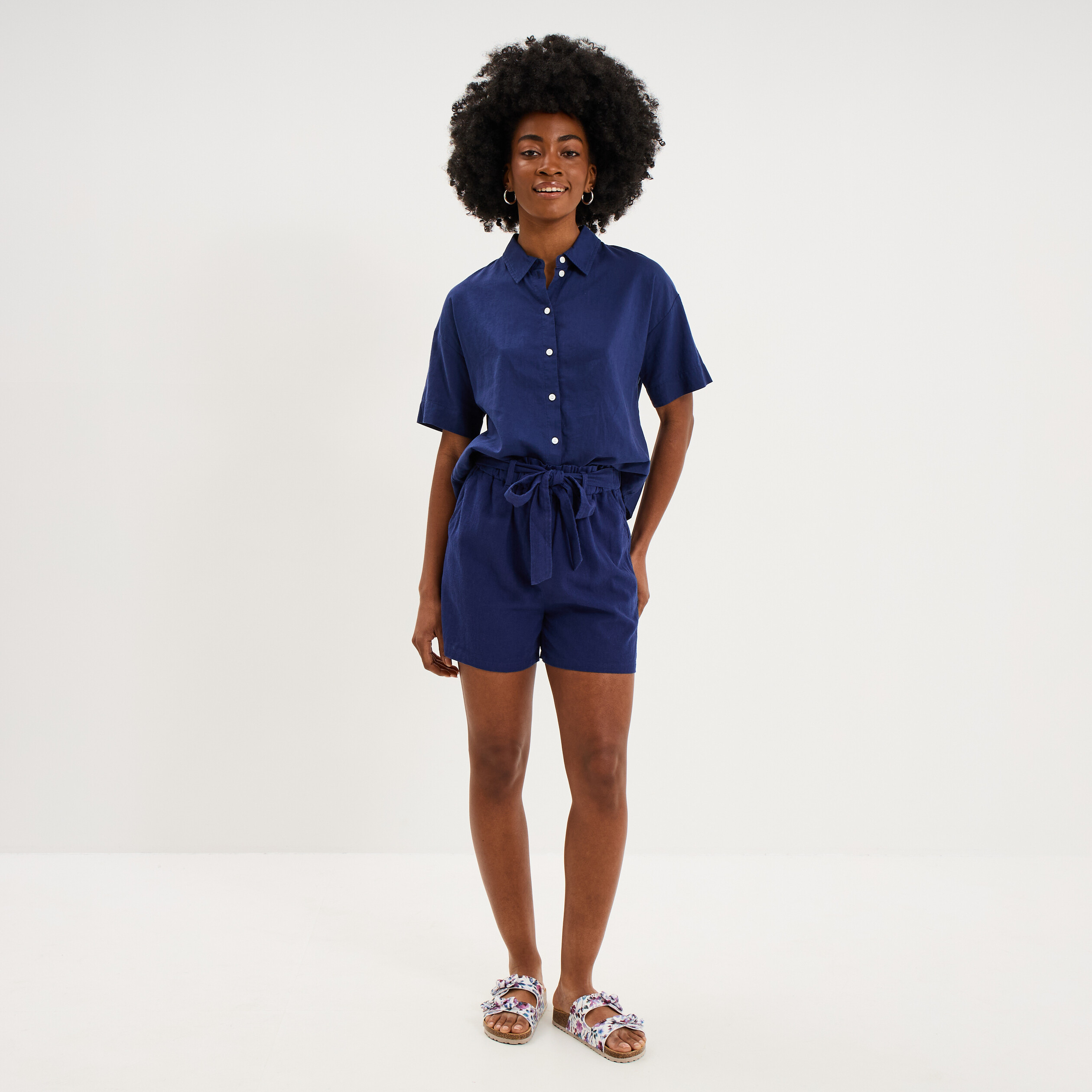 Short paperbag lin m&eacute;lang&eacute; bleu fonc&eacute; femme