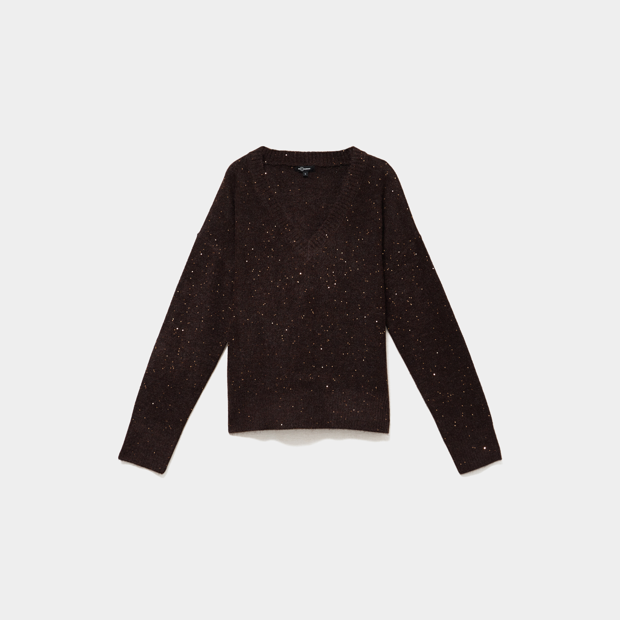 Pull droit &agrave; sequins et col en V marron fonc&eacute; femme