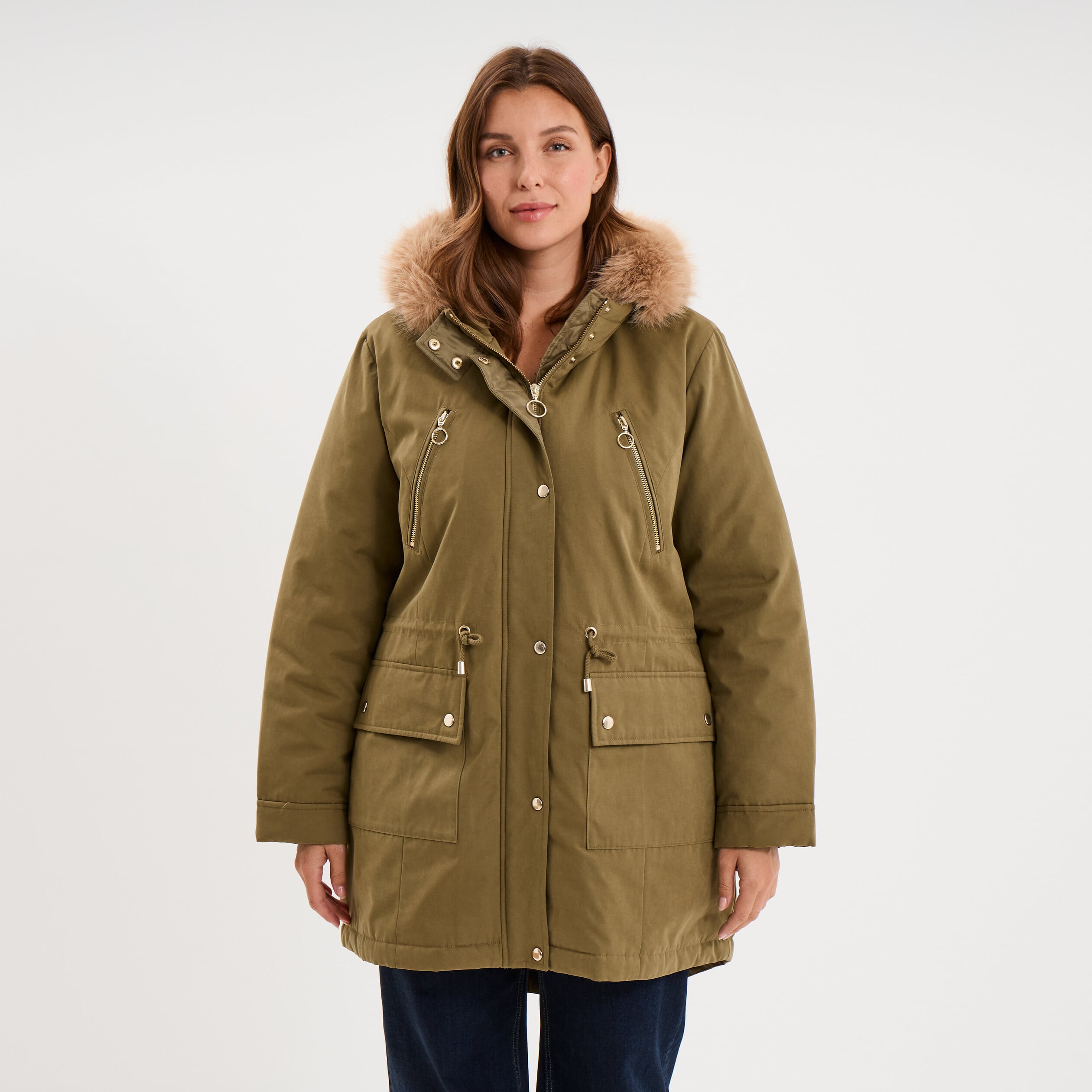 Parka d&eacute;perlante capuche fausse fourrure vert kaki femme grande taille
