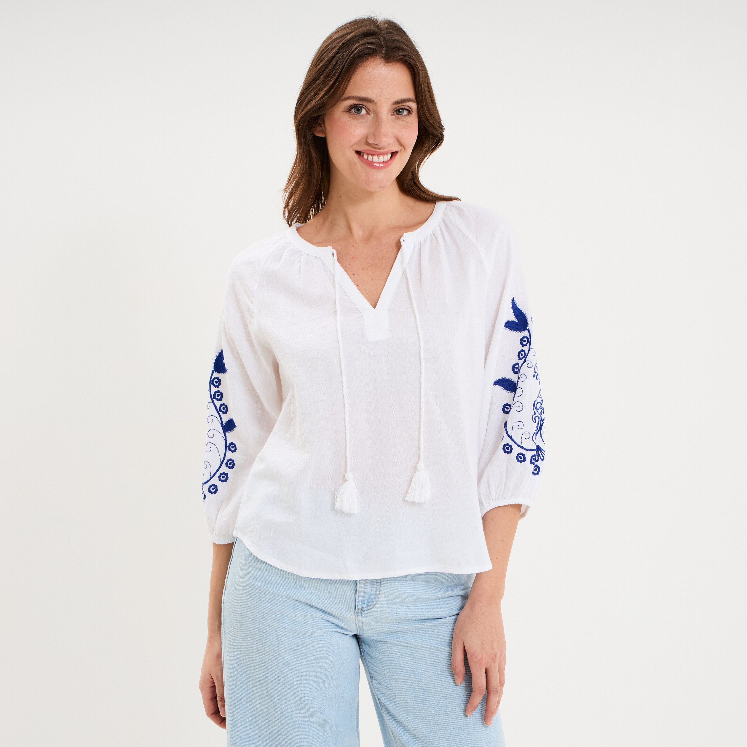 Blouse oversize manches brod&eacute;es coton blanc femme