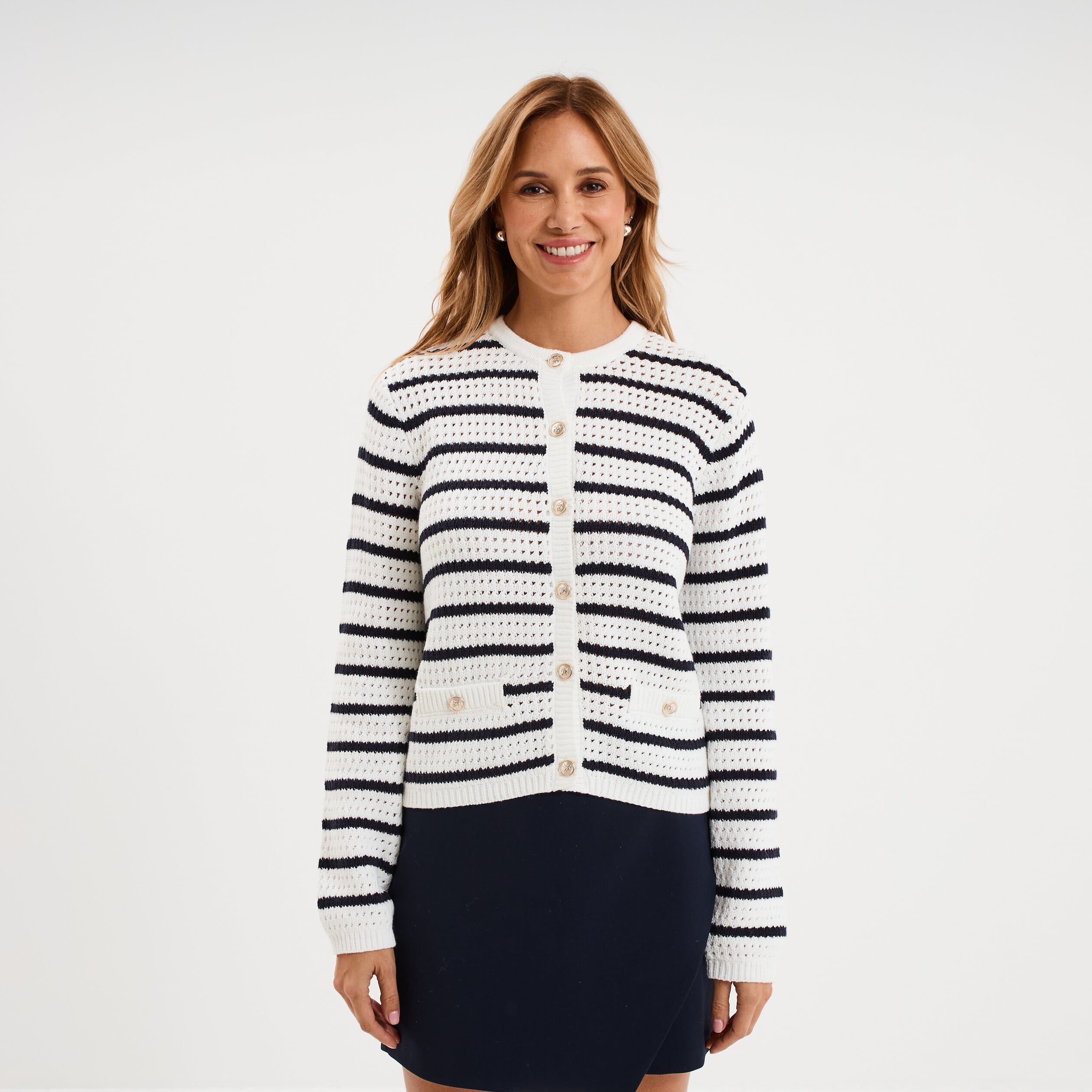 Gilet effet ajour&eacute; manches longues coton ecru femme