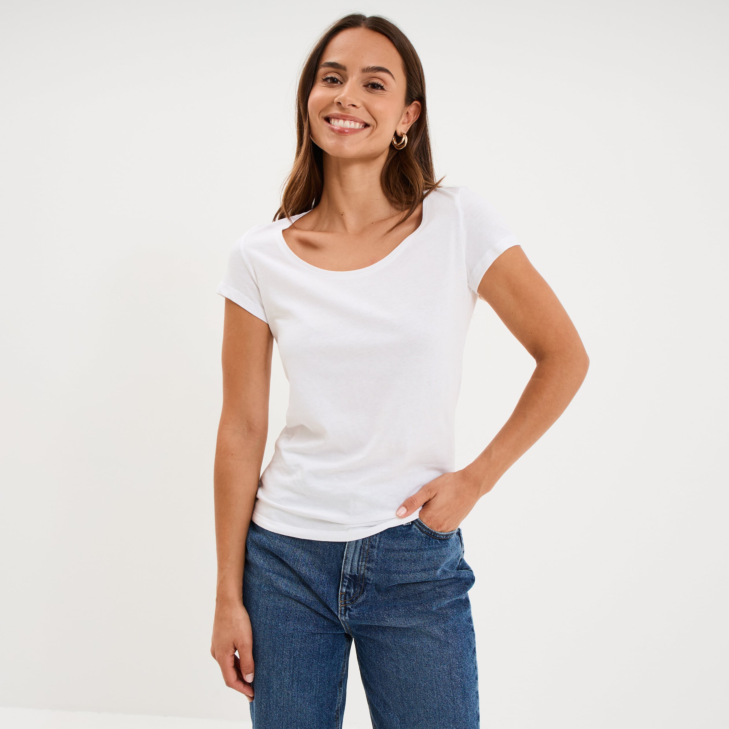 T-shirt coton col rond manches courtes blanc femme
