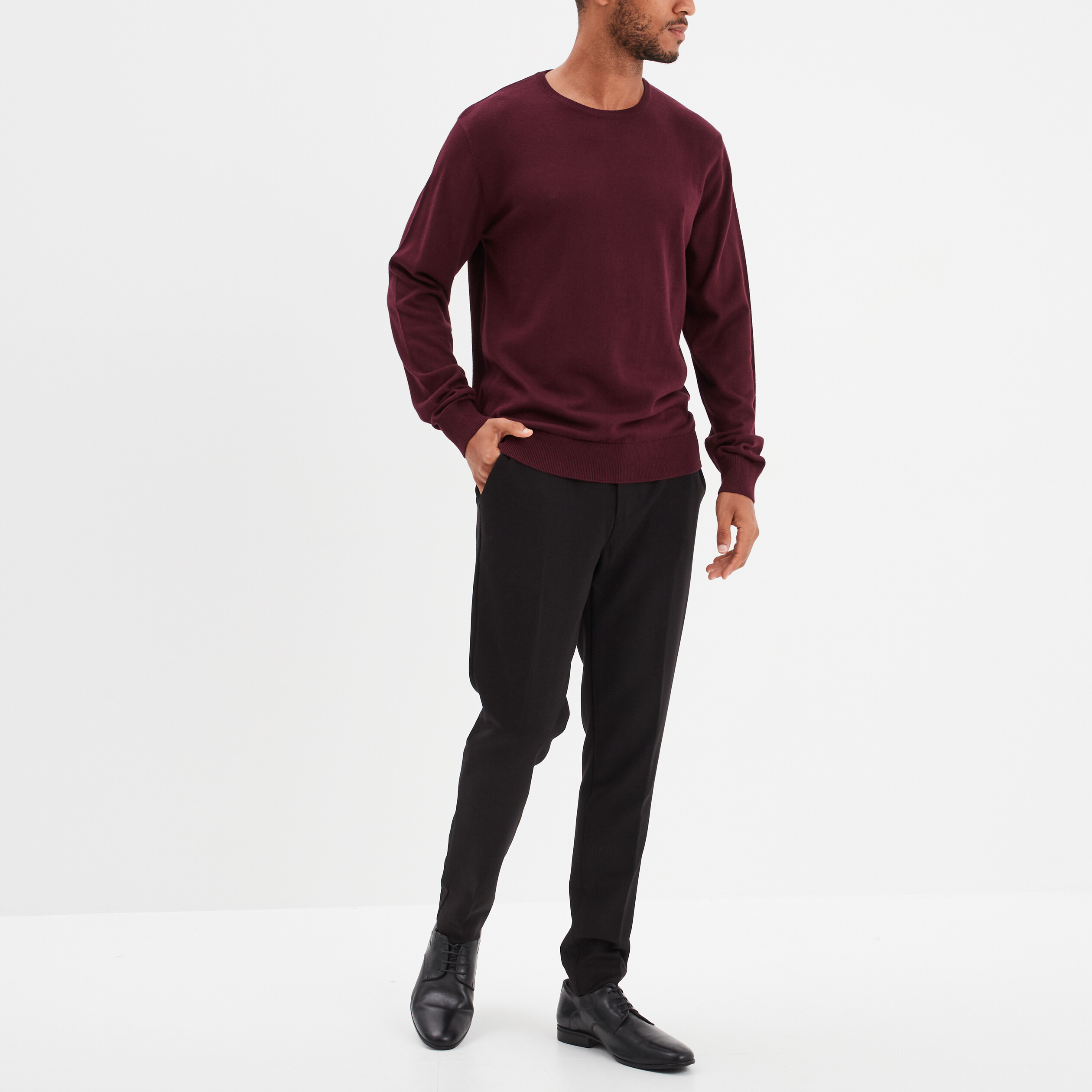 pull droit col rond coton melange bordeaux homme Pull droit col rond coton mélangé bordeaux homme