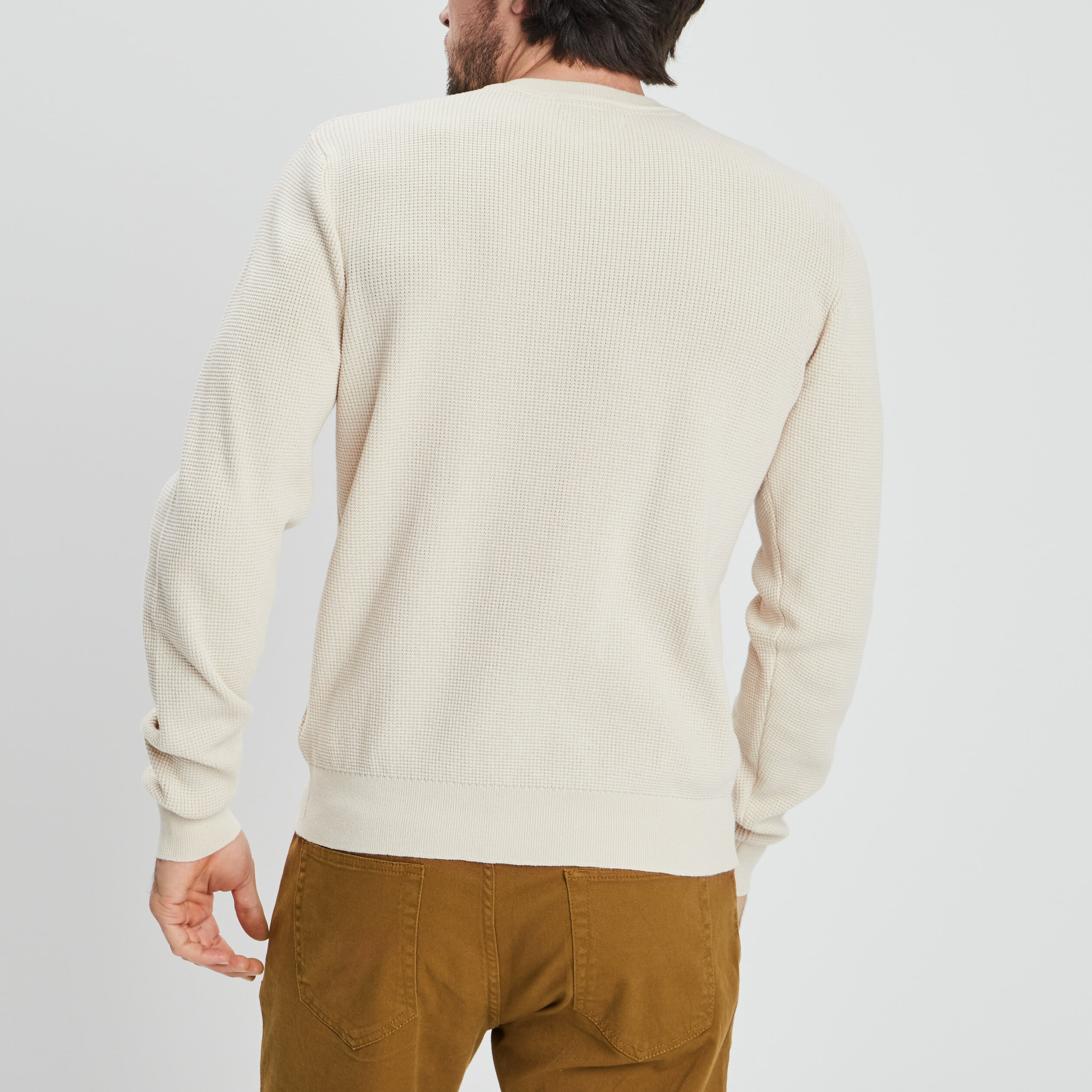 Pull en maille textur&eacute;e col rond creme homme