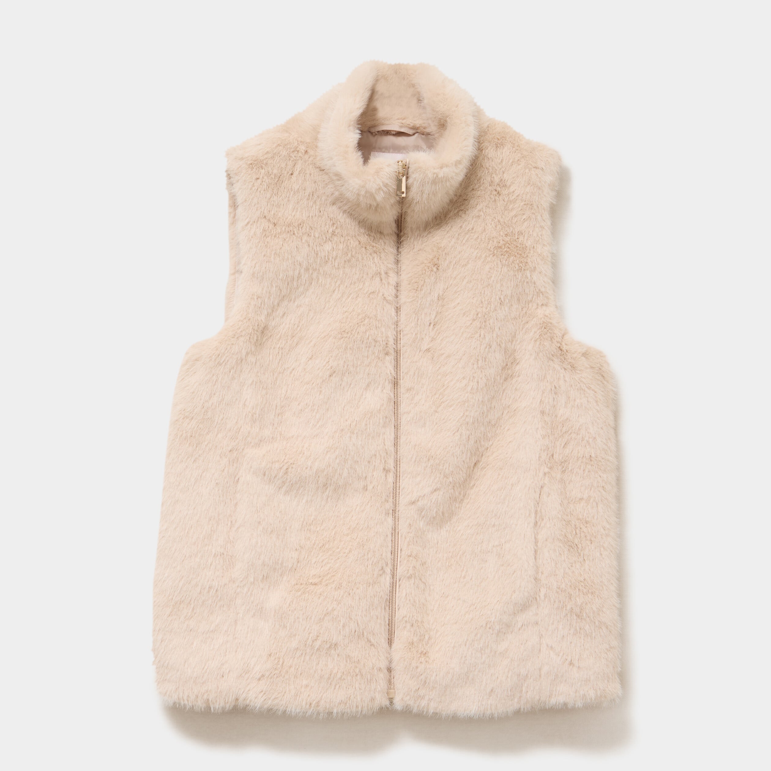 Gilet fausse fourrure col montant zipp&eacute; beige femme