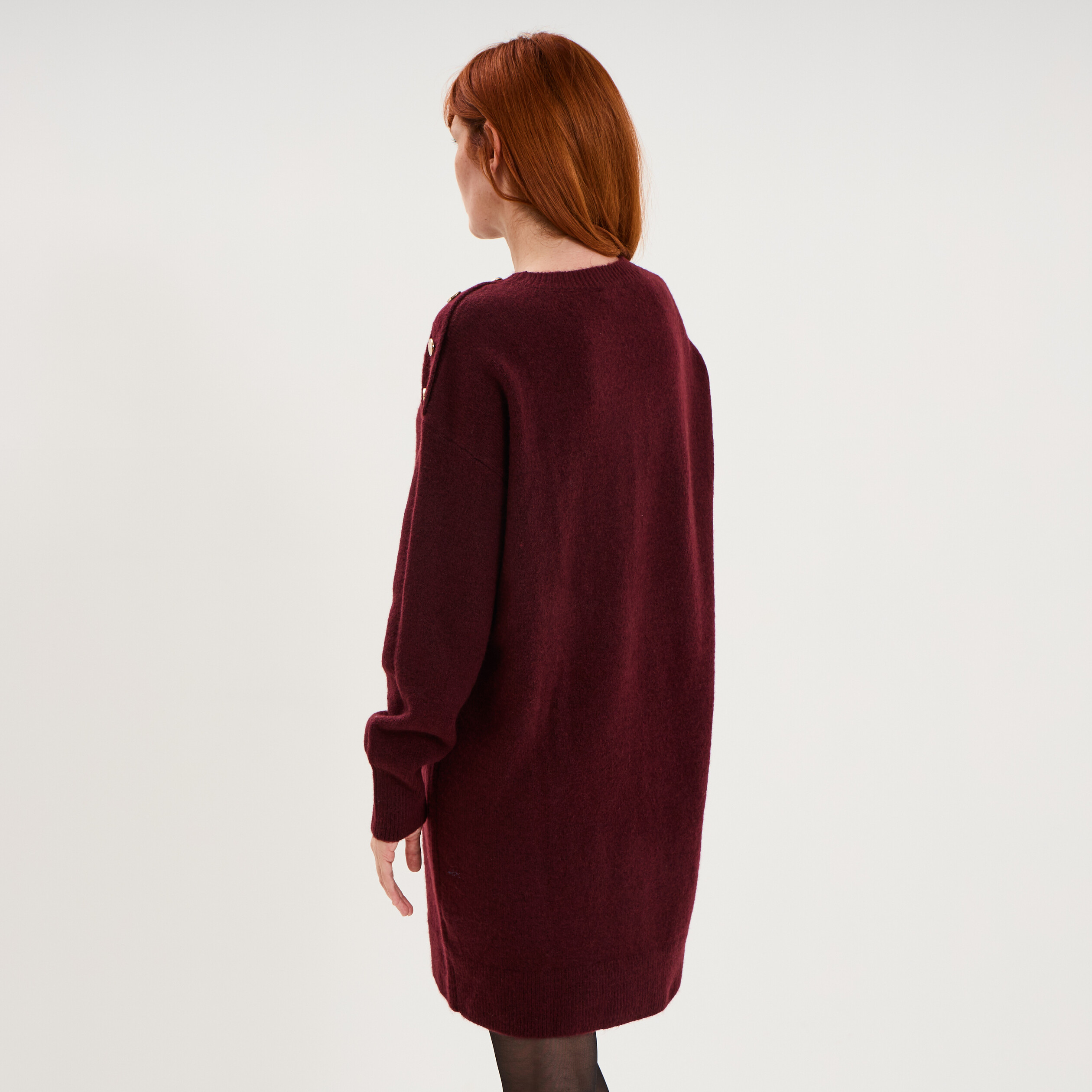 Robe pull longueur genou boutons &eacute;paule violet fonc&eacute; femme
