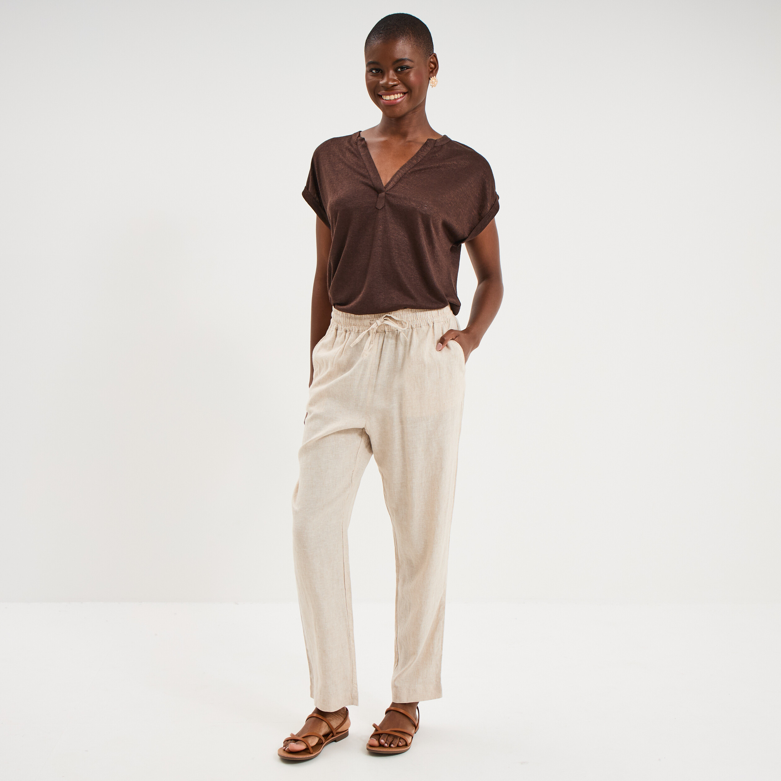 Pantalon droit 7/8&egrave;me lin m&eacute;lang&eacute; beige femme