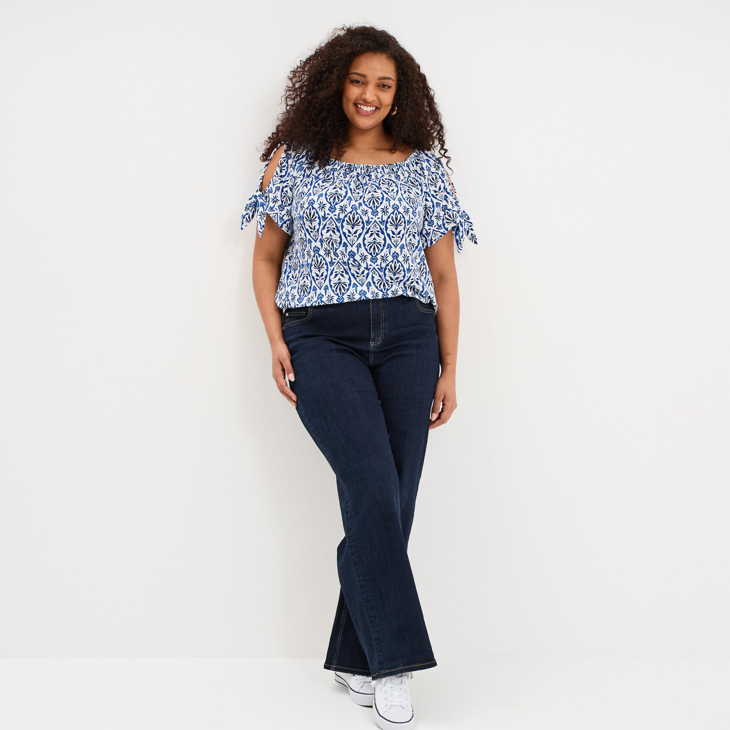 T-shirt gaufr&eacute; avec manches &agrave; noeuds ecru femme grande taille